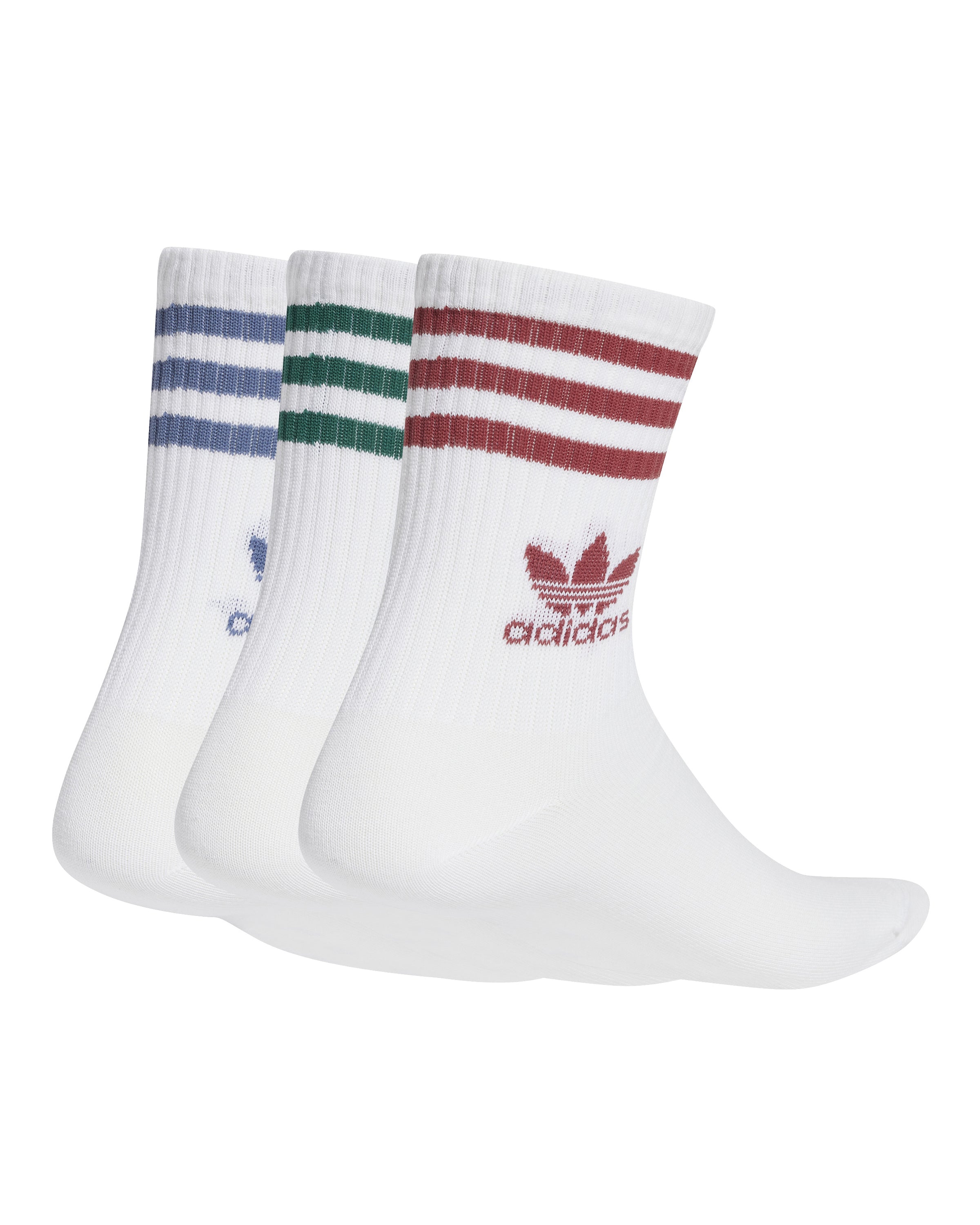 Set of three white Adidas crew socks with ribbed cuffs, featuring three-stripe details and Trefoil logos in red, green, and blue