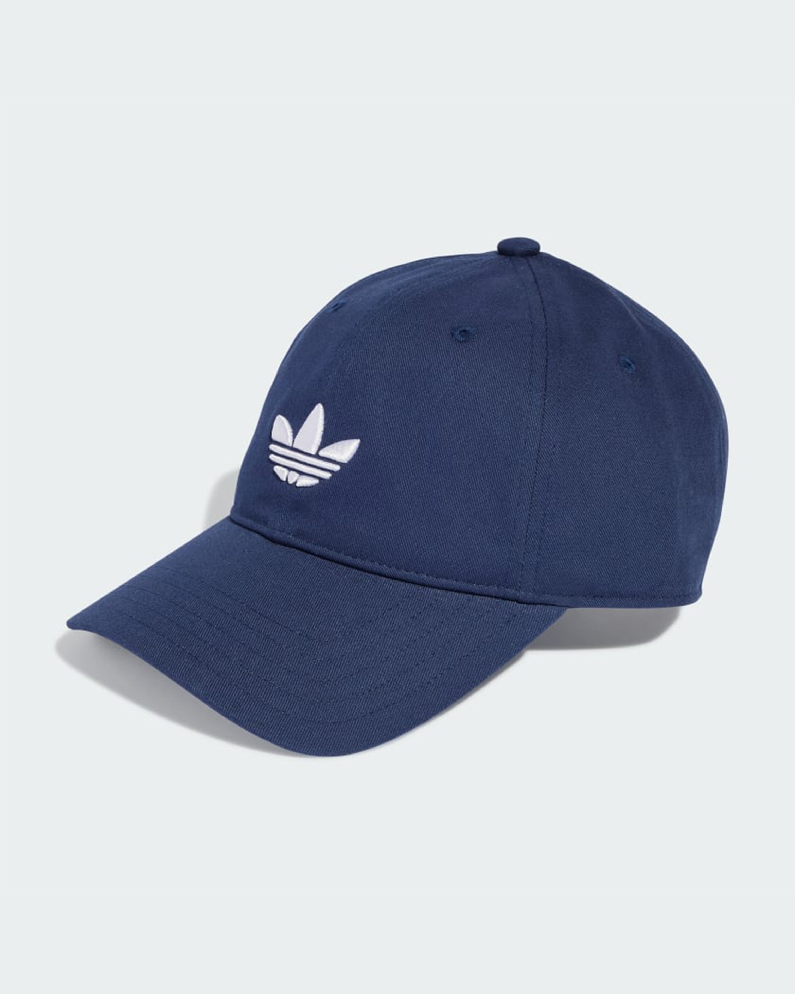 Navy blue Adidas cap with curved brim and white Trefoil logo embroidered on the front