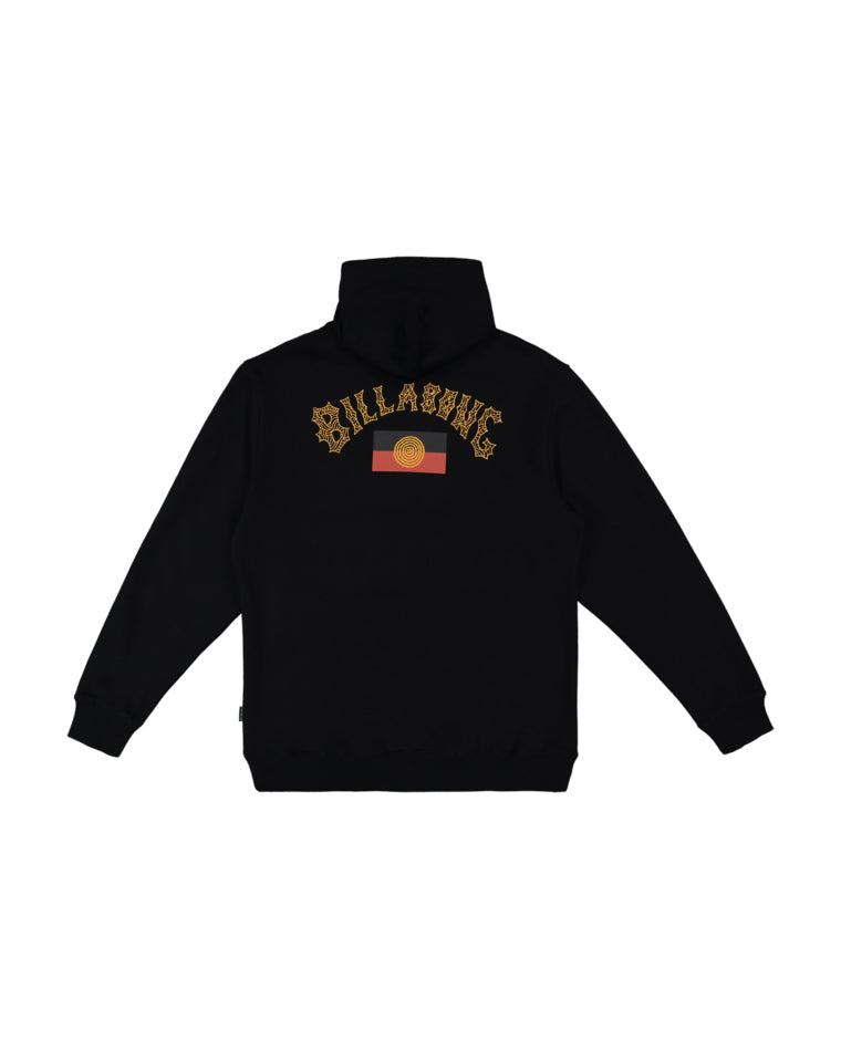 Back of black hoodie featuring large Billabong text and Aboriginal flag graphic across shoulders.