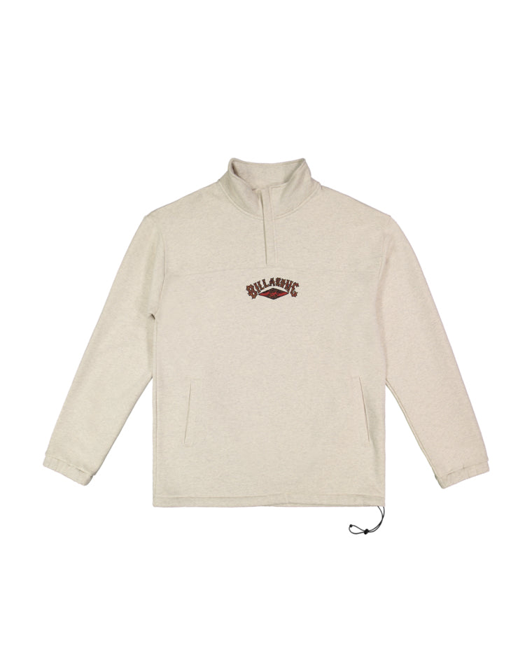 Cream quarter-zip pullover fleece with embroidered Billabong logo in red and brown across the chest.