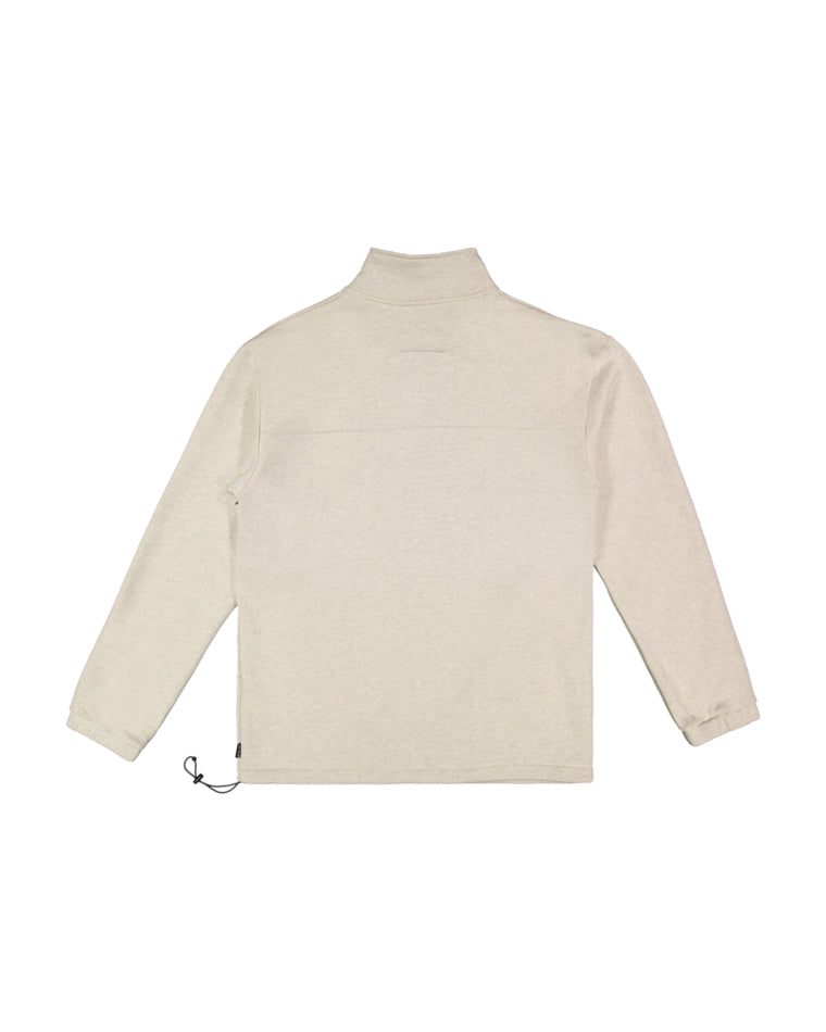 Back view of cream quarter-zip fleece with long sleeves and a drawcord hem.