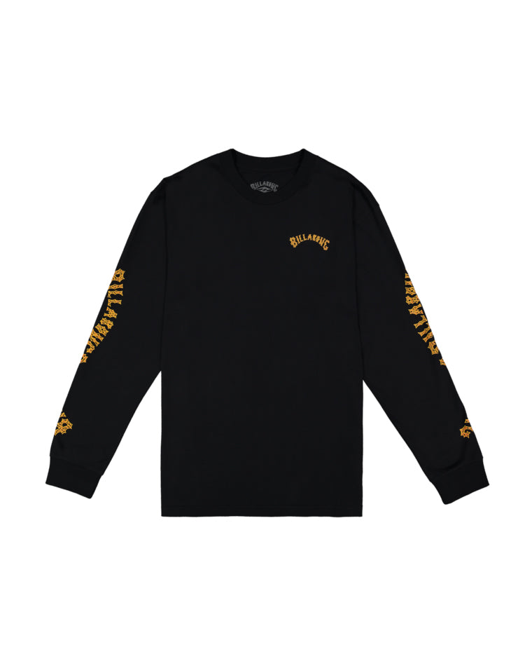 Black long sleeve tee with yellow Billabong logo on chest and sleeves