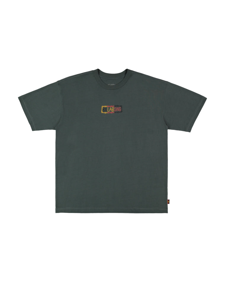 Washed black oversized tee with small multicoloured Billabong logo patch on chest.