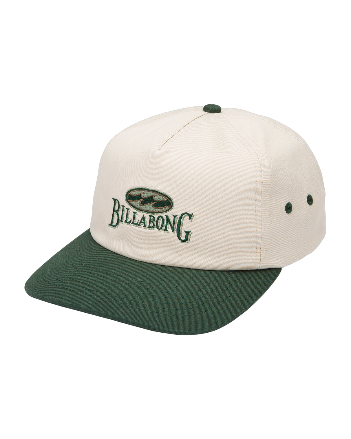 A beige cap with a green brim, featuring the Billabong logo embroidered in green on the front, offering a classic style.