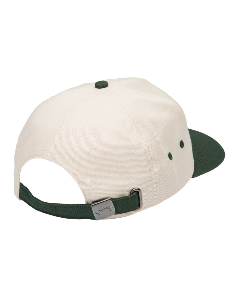 Back view of a beige cap with a green adjustable strap and metal buckle, featuring green accents on the brim and eyelets.
