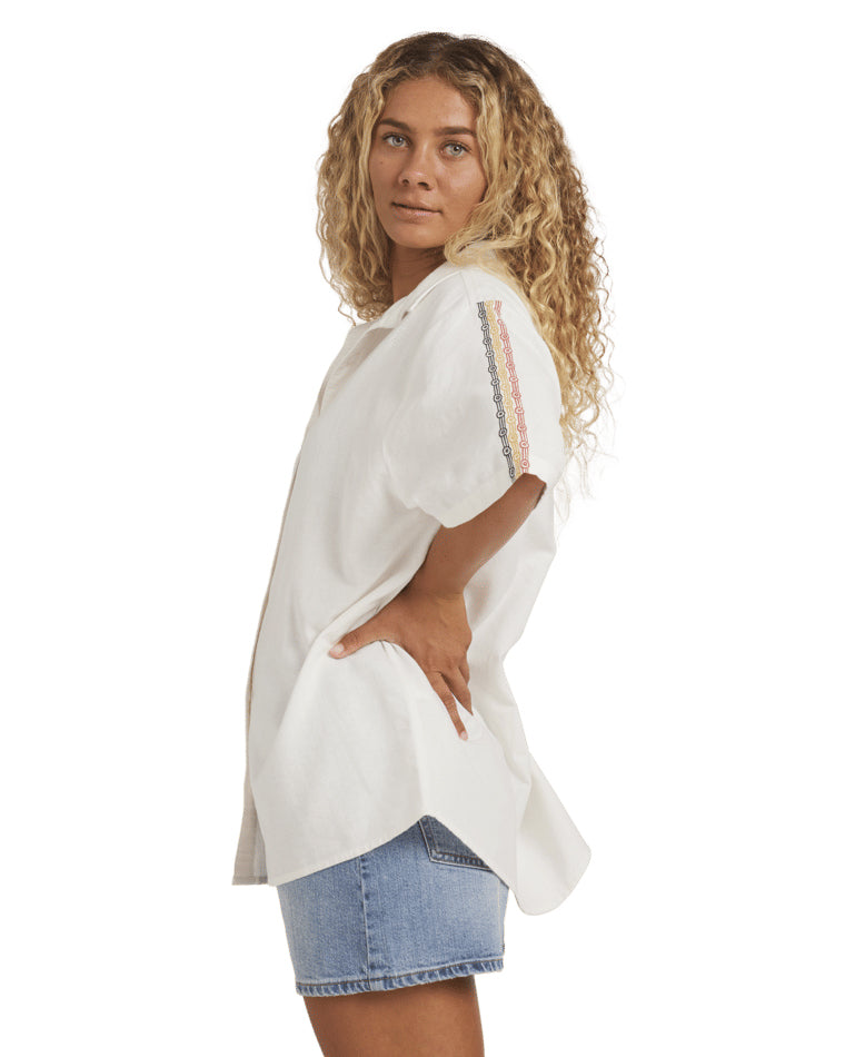 Oversized white short sleeve shirt with back yoke seam and subtle Billabong logo.