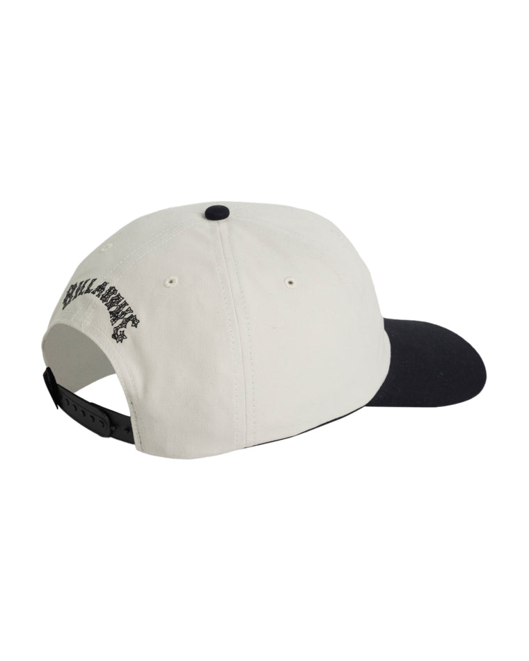 Back view of white cap with black brim and embroidered Billabong logo above the adjustable strap.