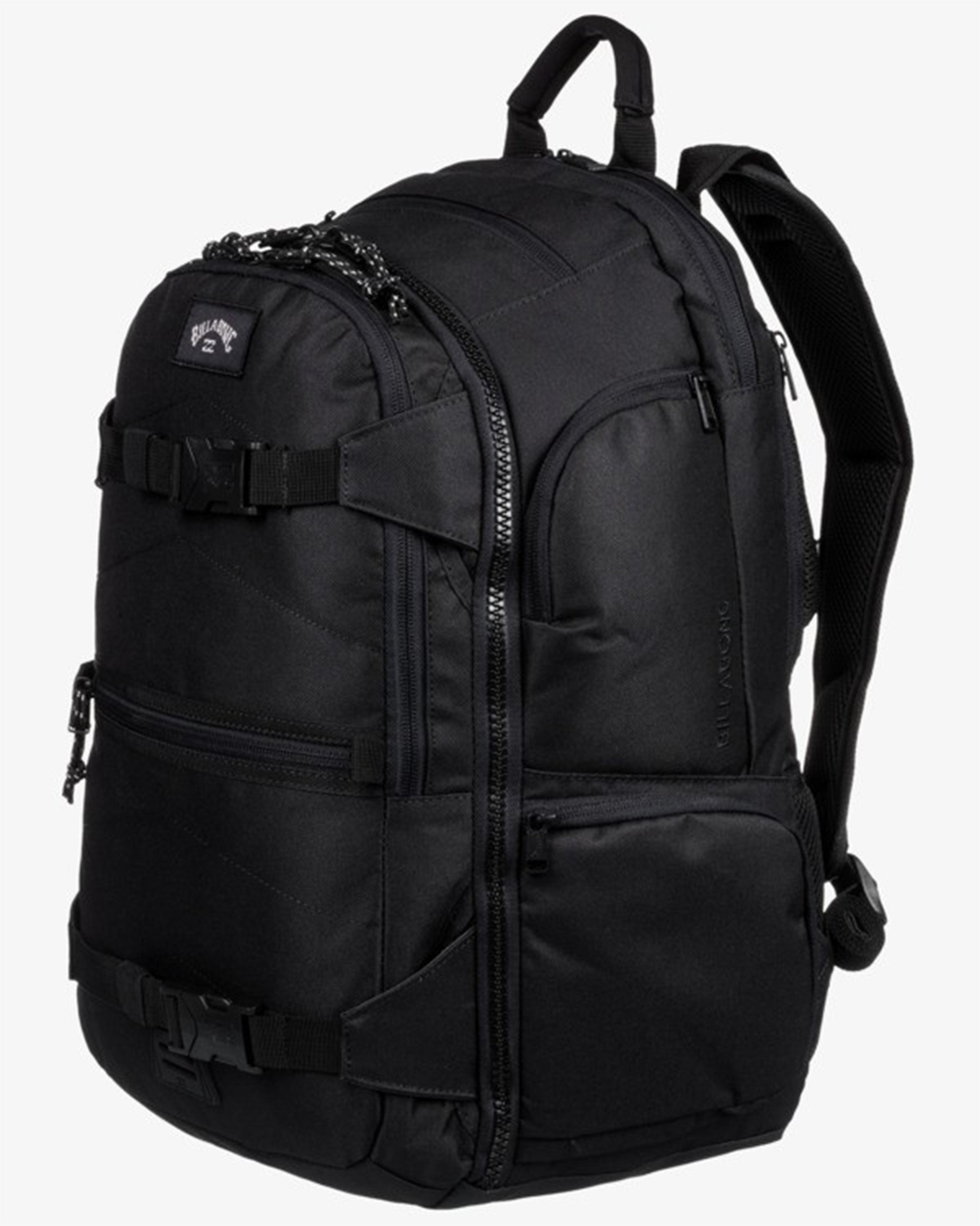 Side view of the backpack displaying storage pockets and curved structure.