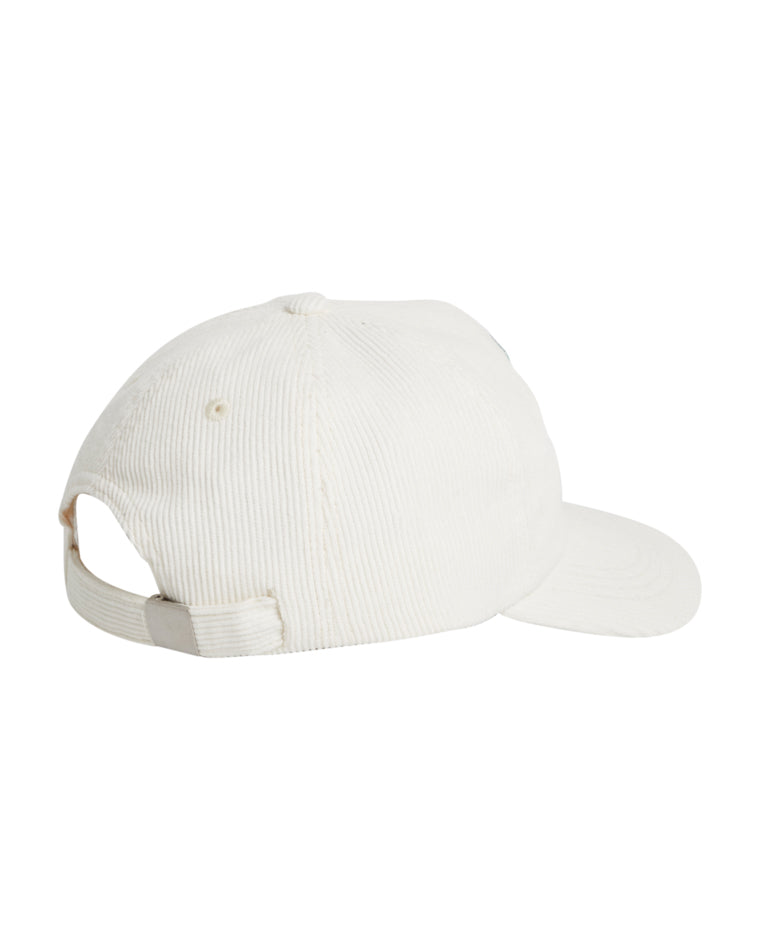 Back view of a cream corduroy cap with an adjustable strap closure and metal slider.