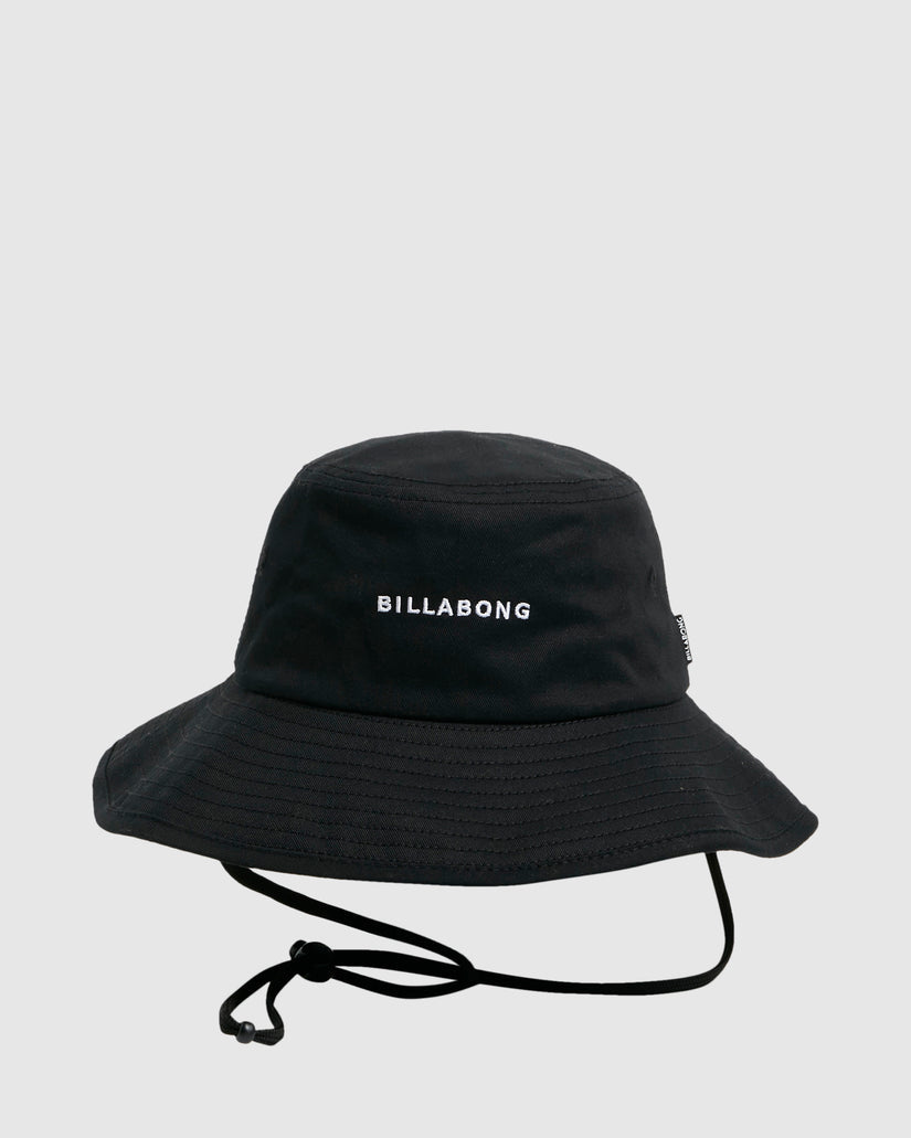 Black Billabong bucket hat with chin strap and embroidered logo on front