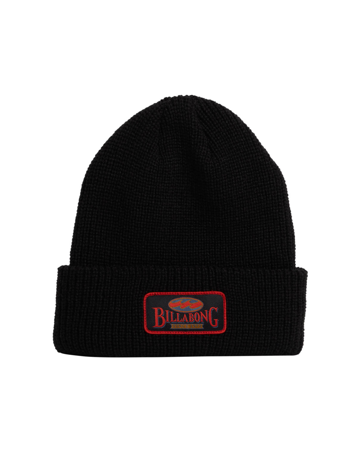Black Billabong beanie with a red and black logo patch on the front, featuring a folded cuff and ribbed knit texture.