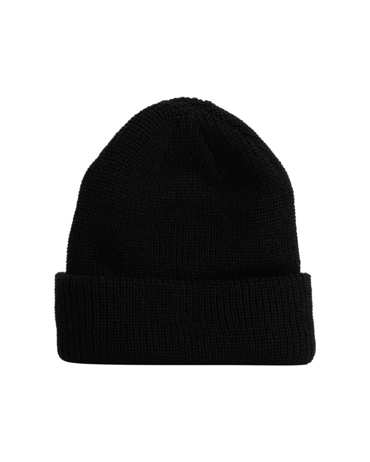 Back view of black knit beanie with a folded cuff, featuring a ribbed texture and a snug fit for warmth and style.