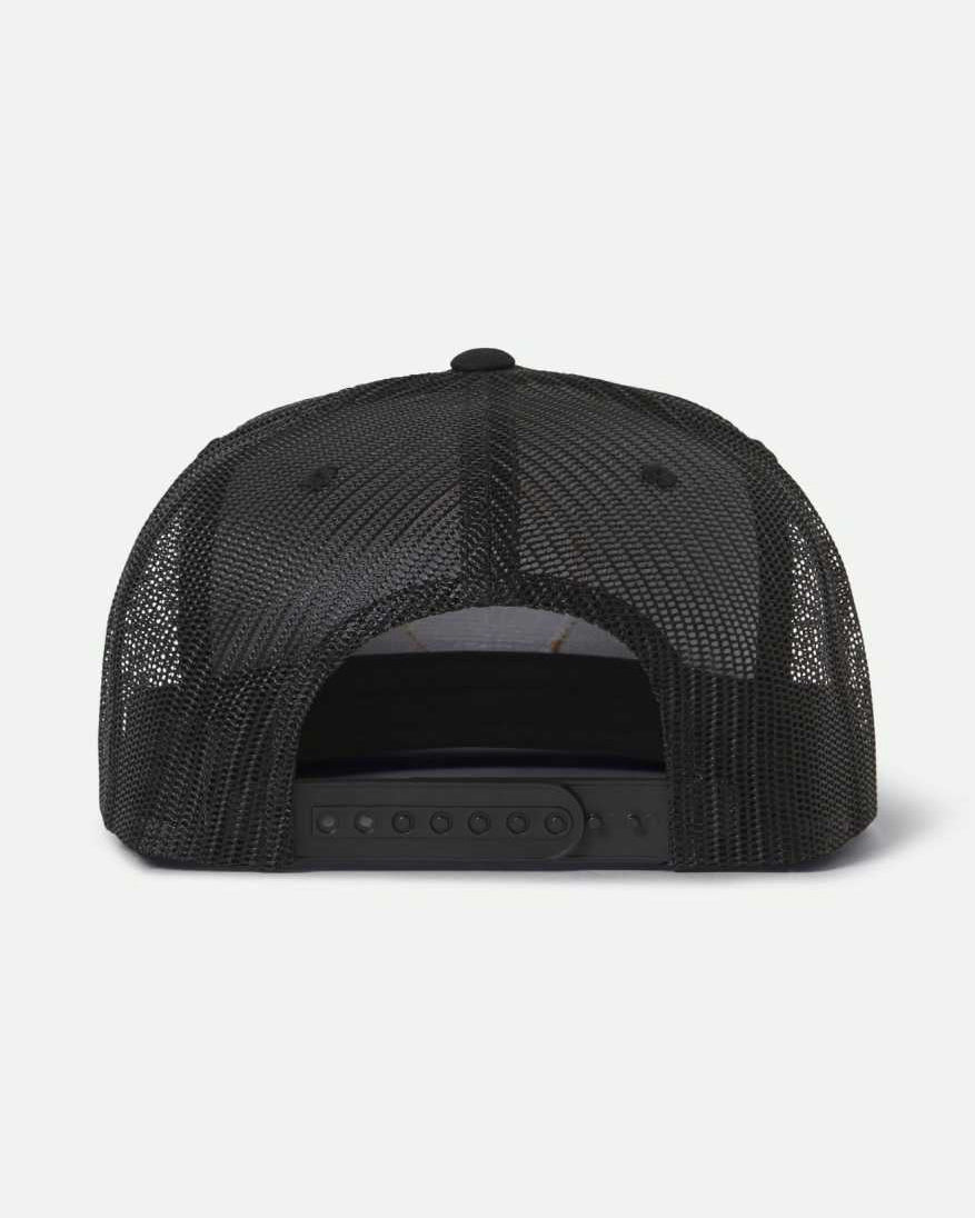 Rear view of black Brixton trucker cap with adjustable snapback closure.