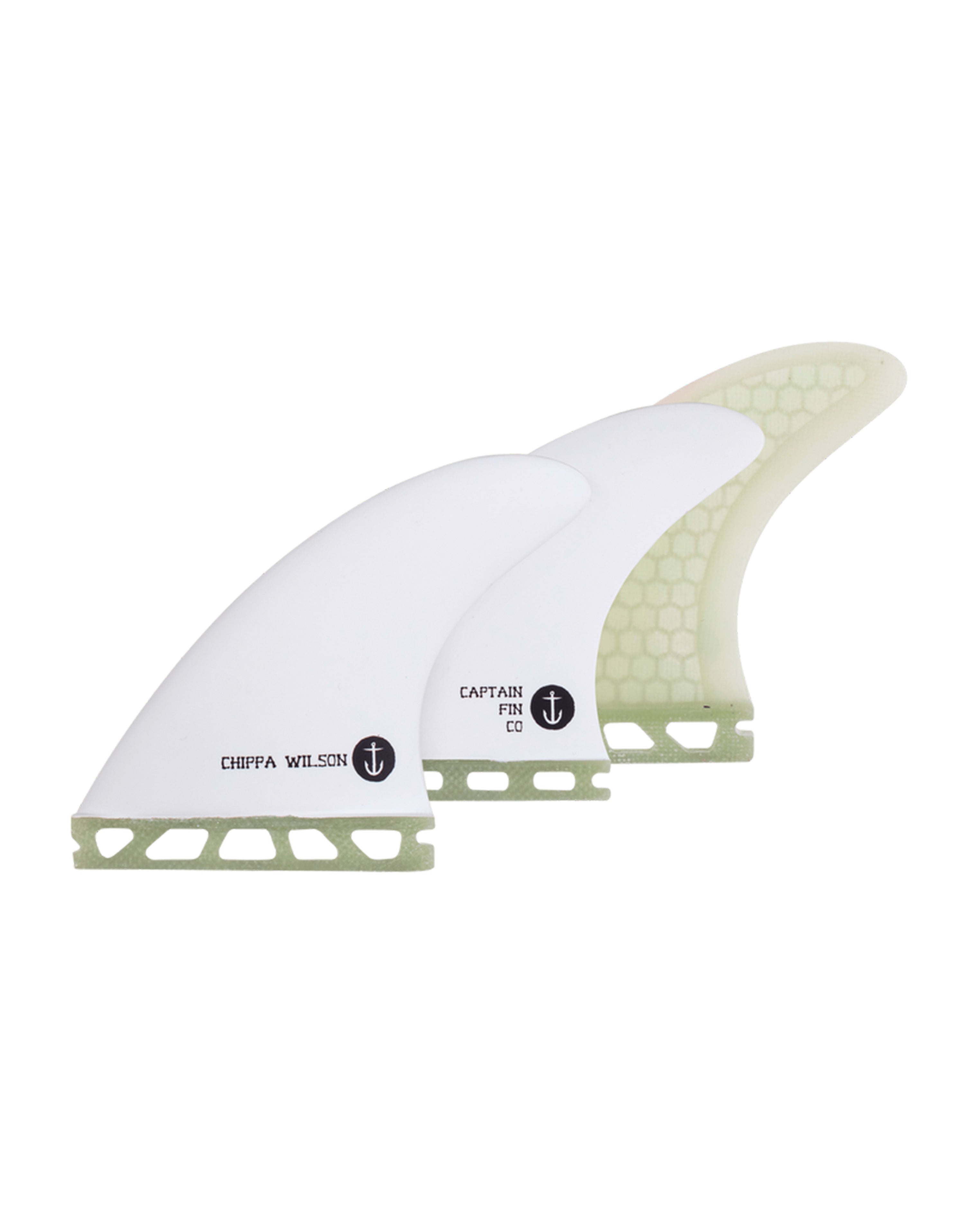Captain Fin Chippa Wilson thruster fin set in white with green base and anchor logo