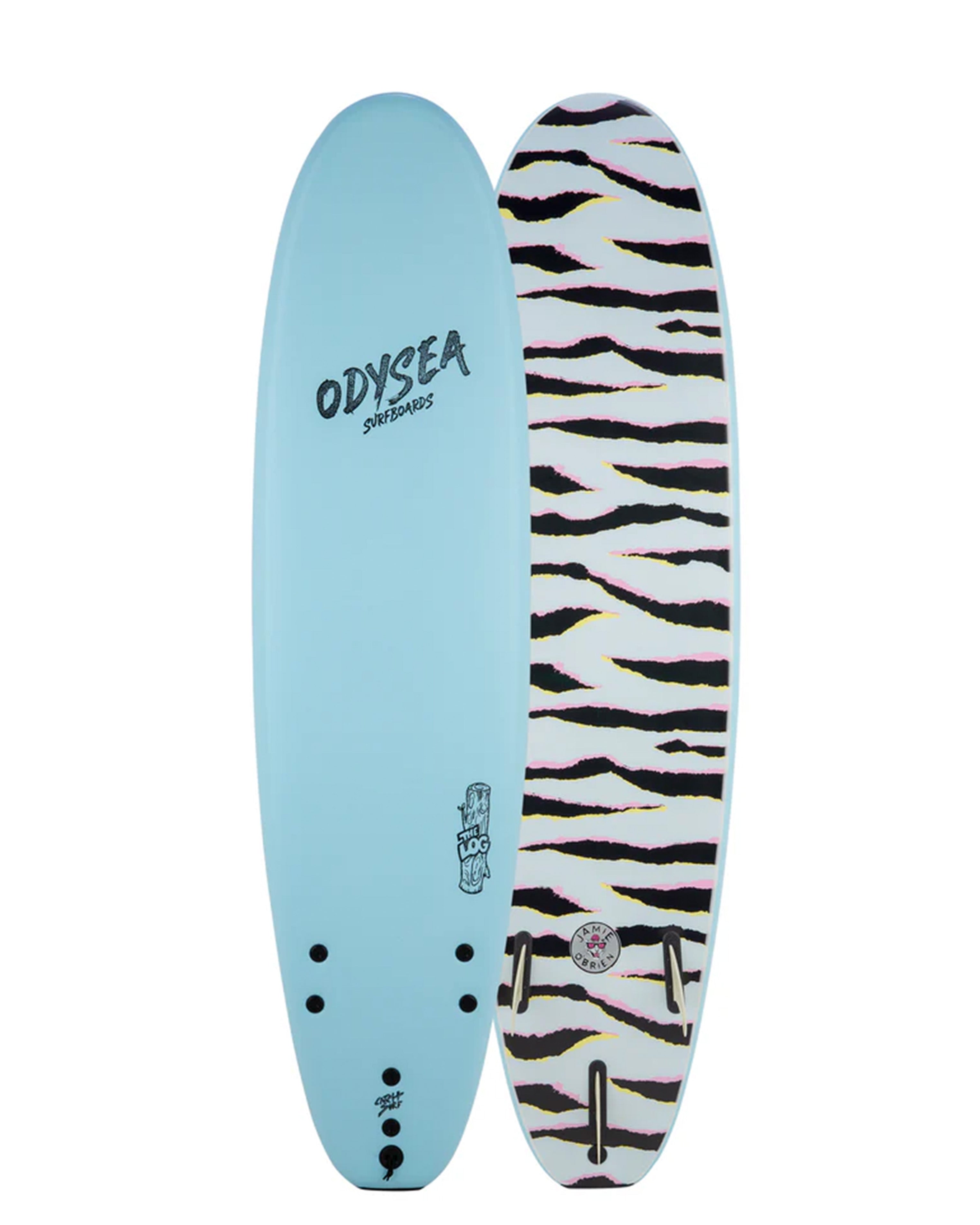 Blue Odysea softboard with black tiger-stripe base, Jamie O’Brien logo, and tri fin configuration.