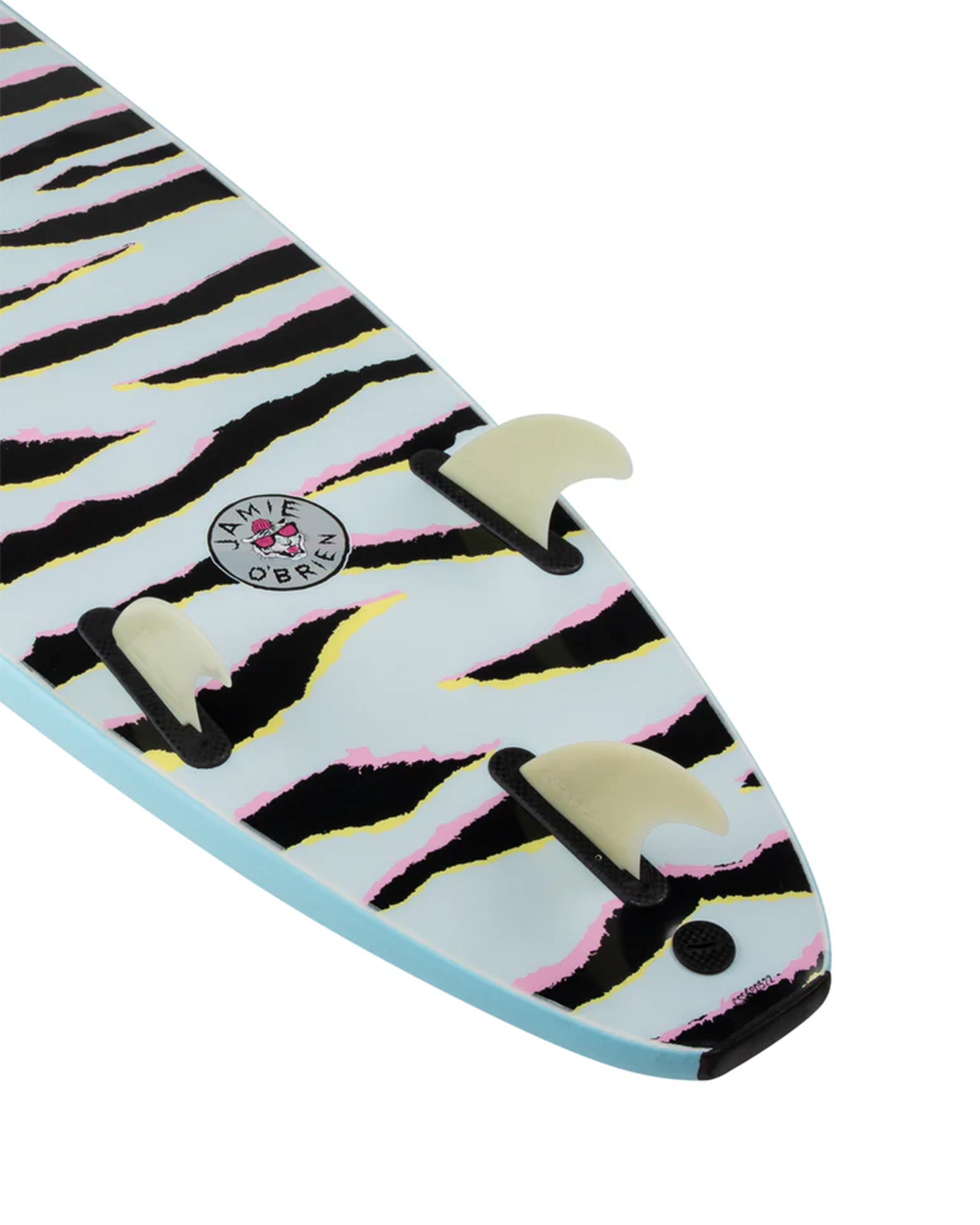 Close-up of blue tiger-stripe Odysea softboard tail with fins and circular Jamie O’Brien logo.