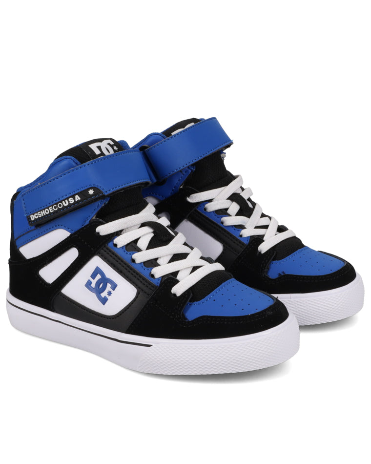 DC Youth Spartan high-top sneakers in black, blue, and white with velcro strap.