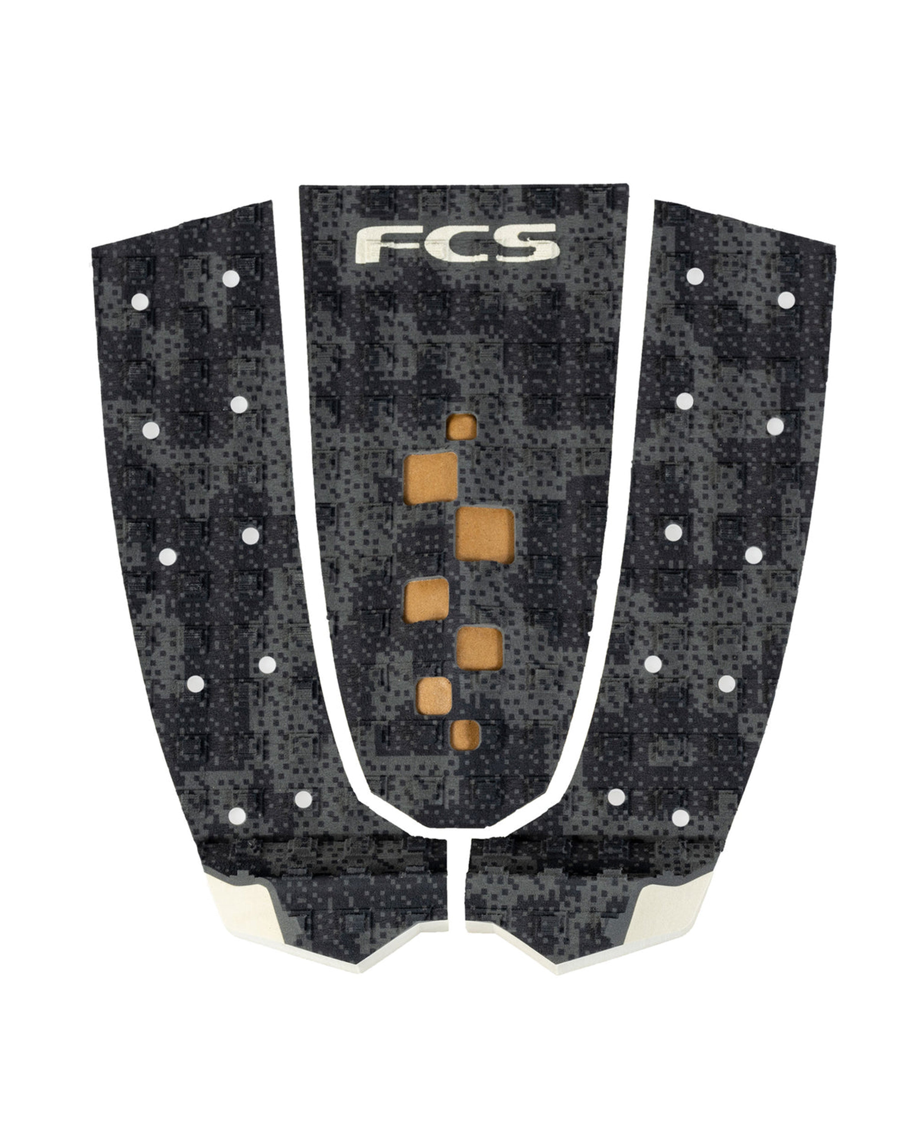 Three-piece black FCS surfboard tail pad with digital camo pattern, centre arch cut-outs, and white FCS logo.