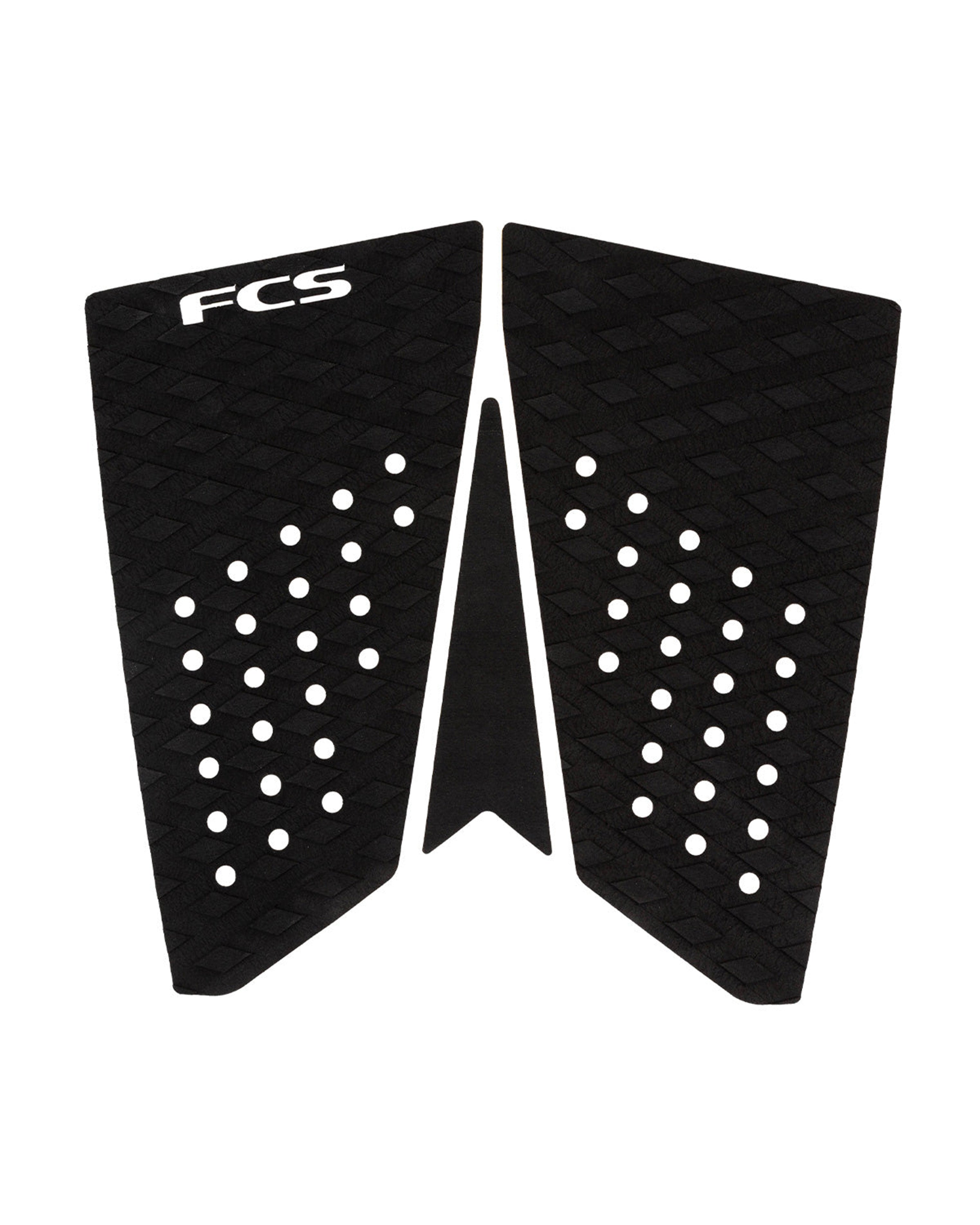 Black FCS surfboard tail pad with diamond groove texture, arch bar and perforated grip design