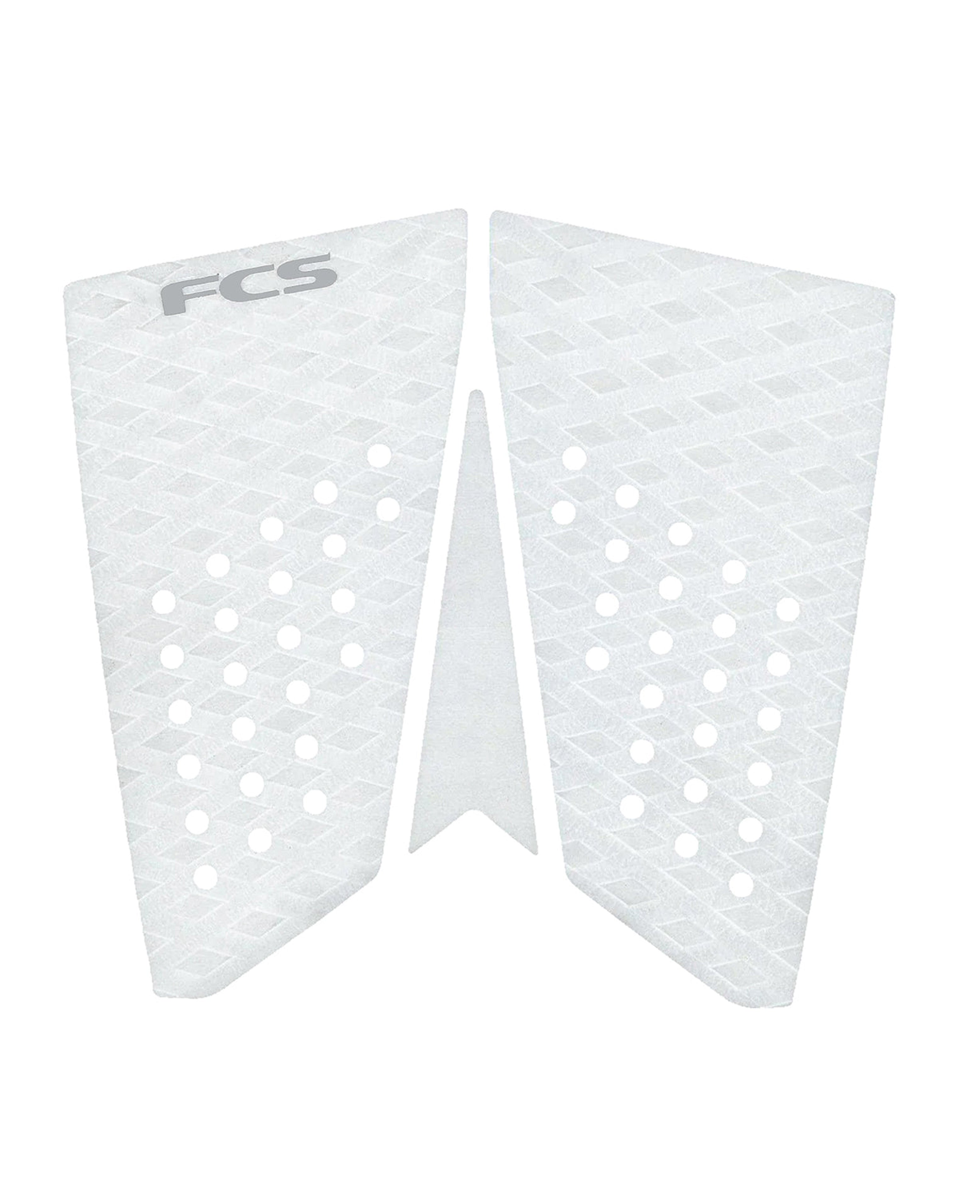 White FCS surfboard tail pad featuring diamond grip texture, centre arch and perforated traction holes