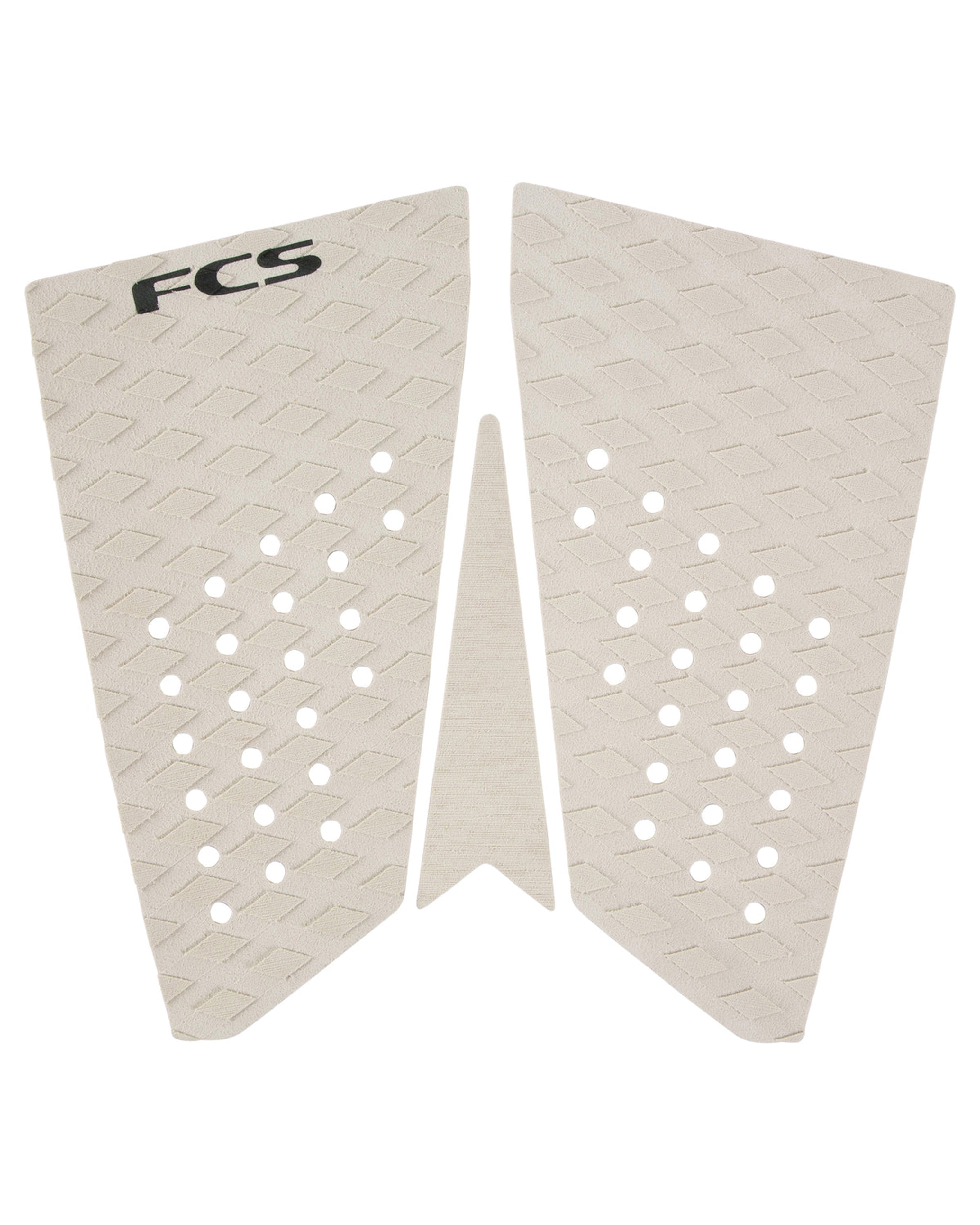 White FCS two-piece surfboard tail pad with textured diamond grooves and angled kick tail
