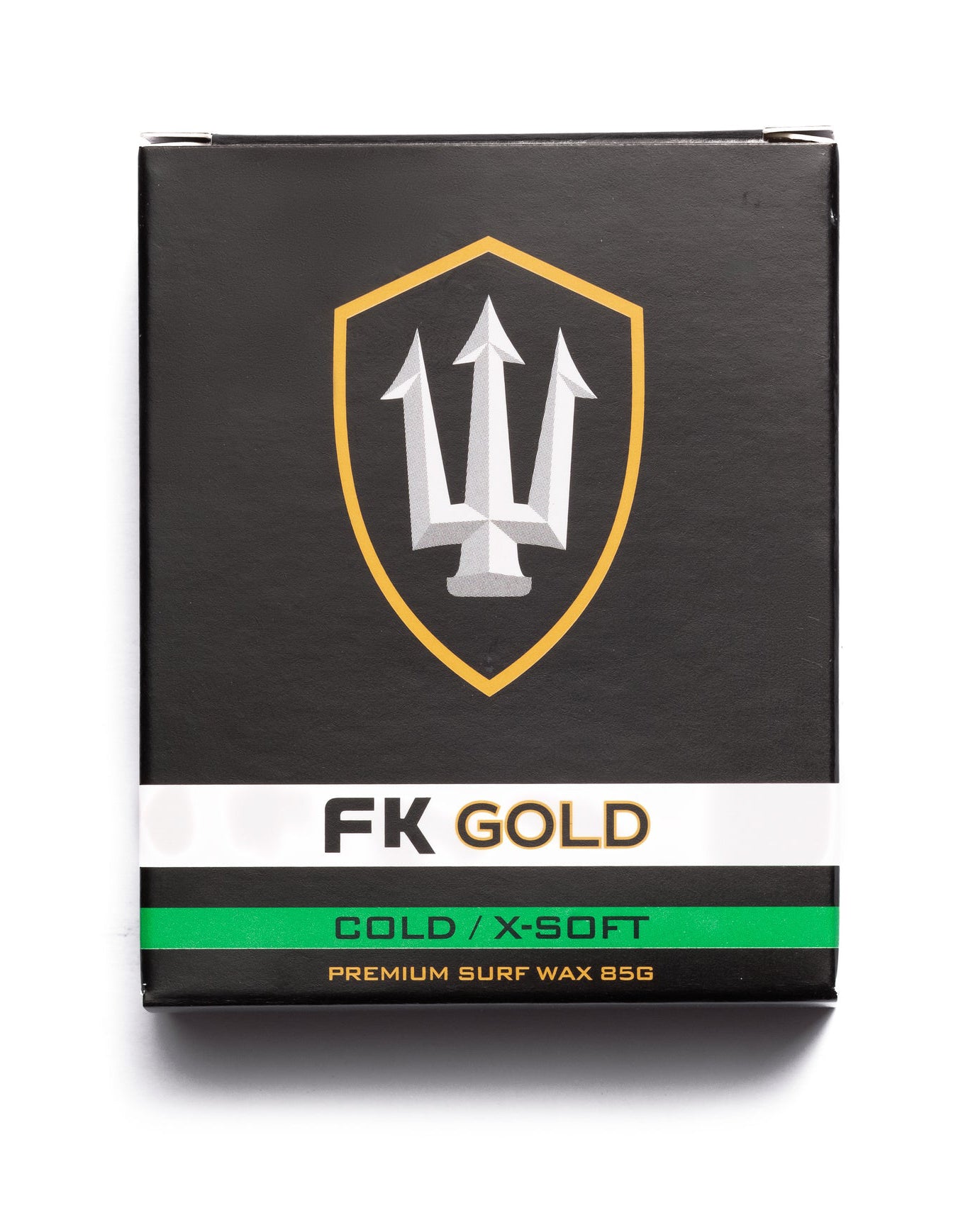 FK Gold Cold X-Soft surf wax 85g, designed for cold water with premium grip and performance in a black and green pack.