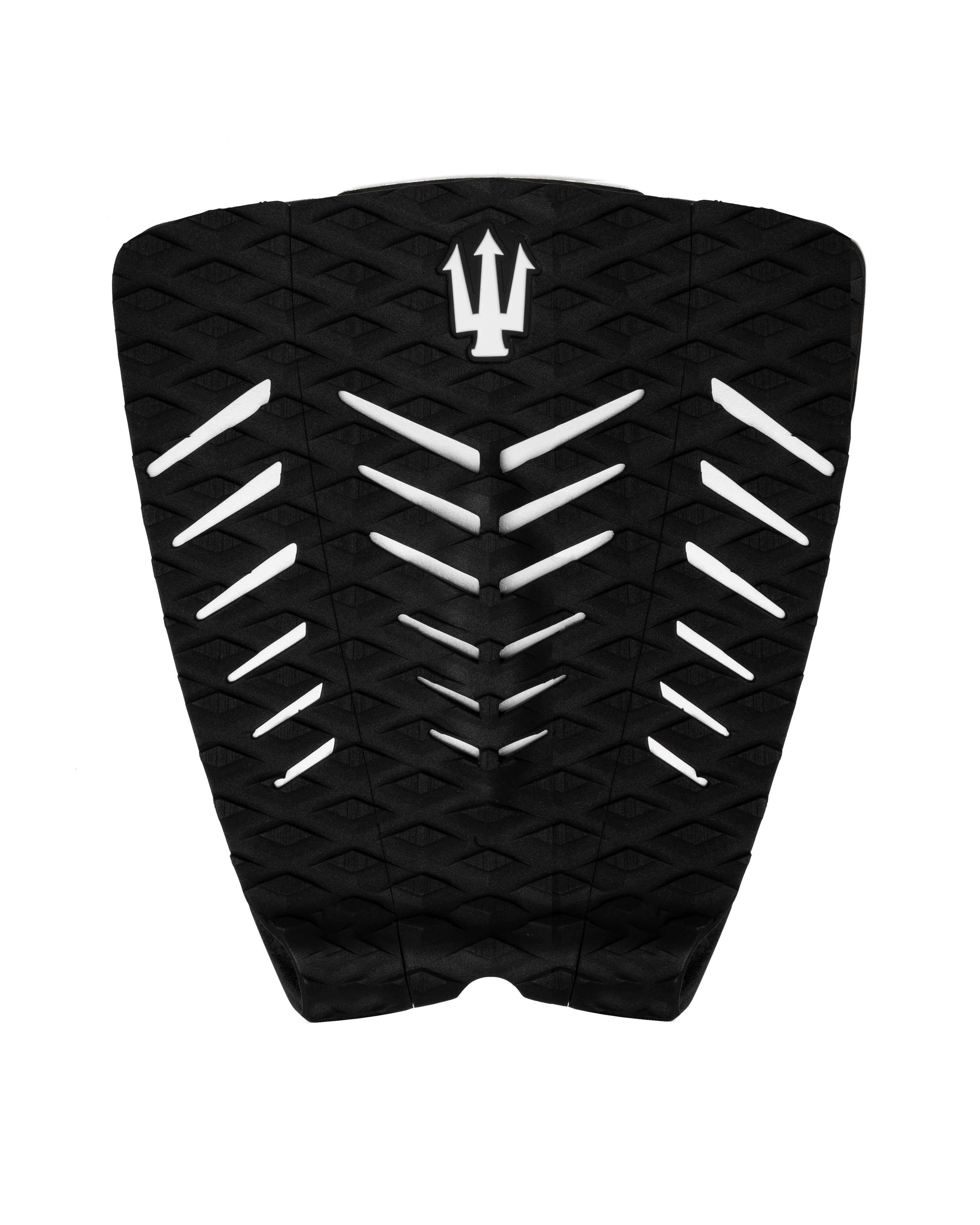 Black and white textured surfboard tail pad with a logo on a white background