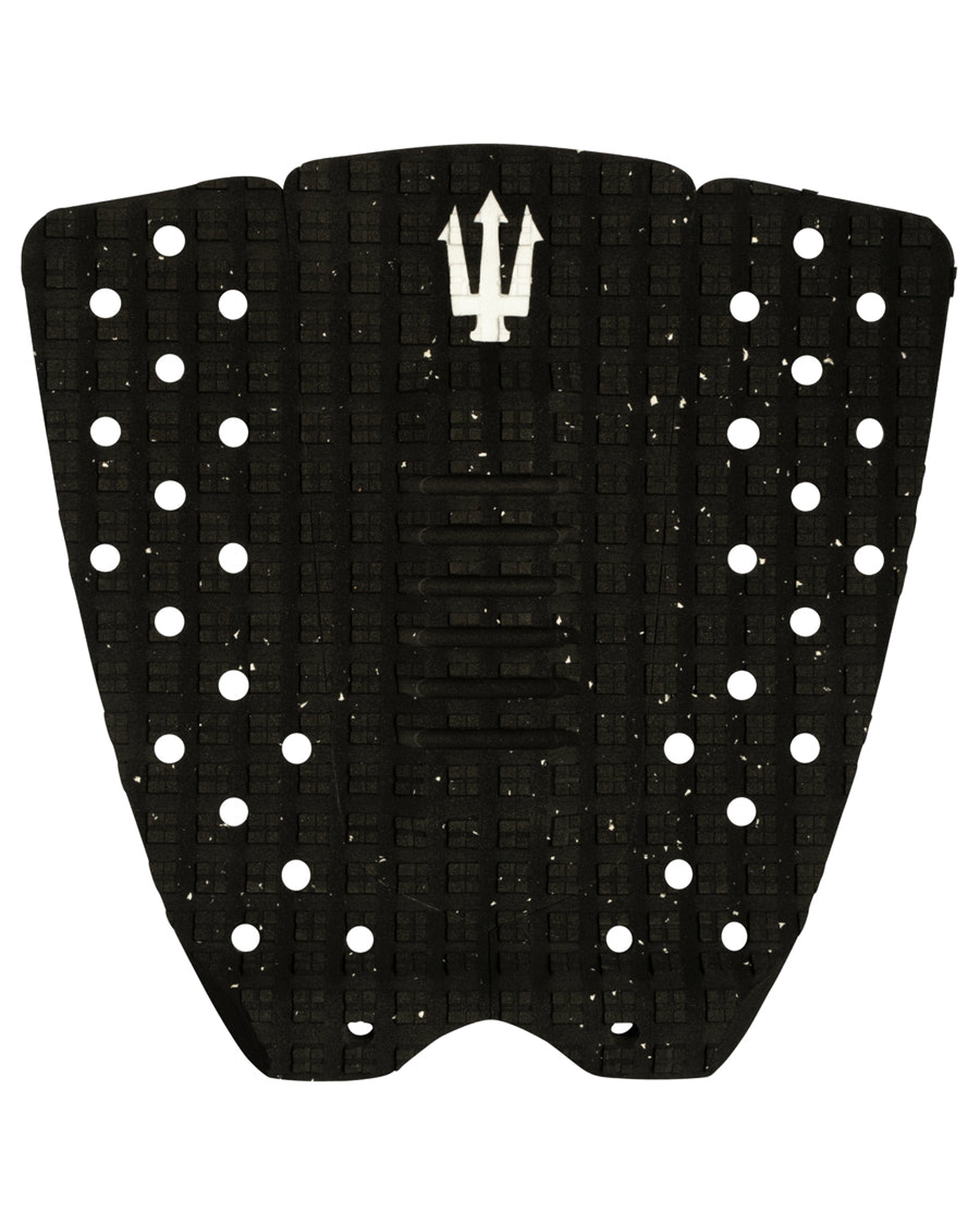 Black surfboard tail pad with white polka dots and a logo on a white background