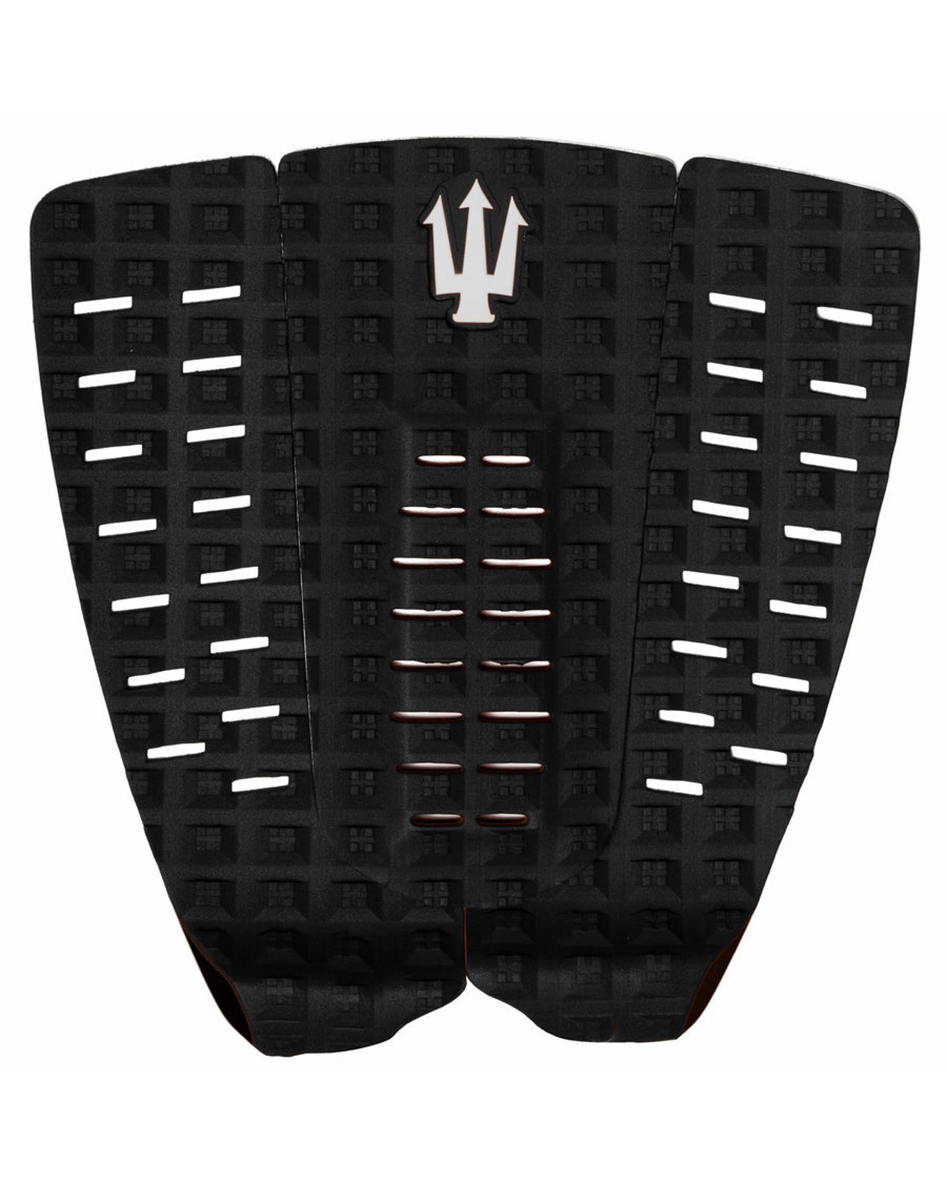 Three black textured surfboard fins with a logo on a white background