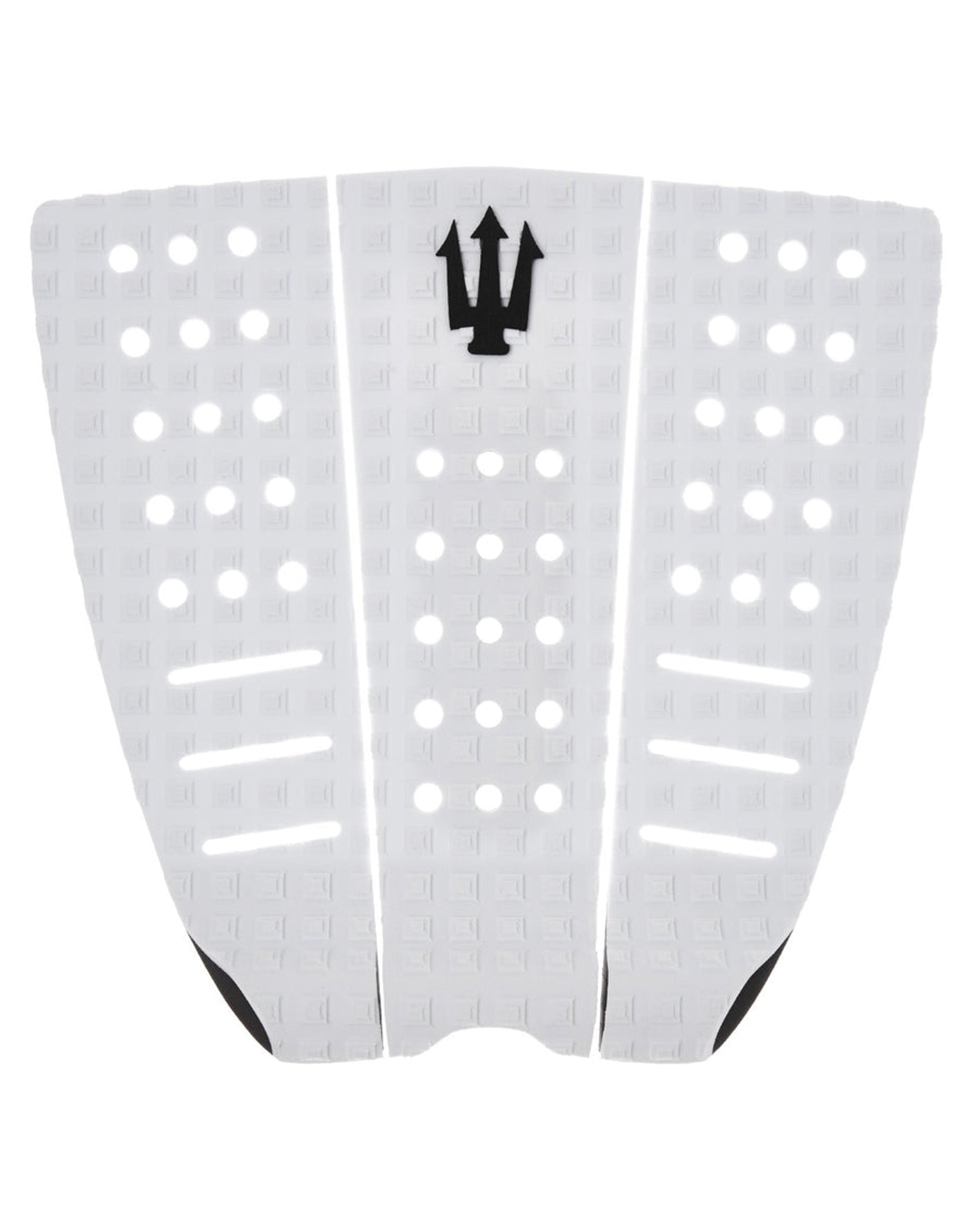 Three white surfboard fins with a black logo on a white background