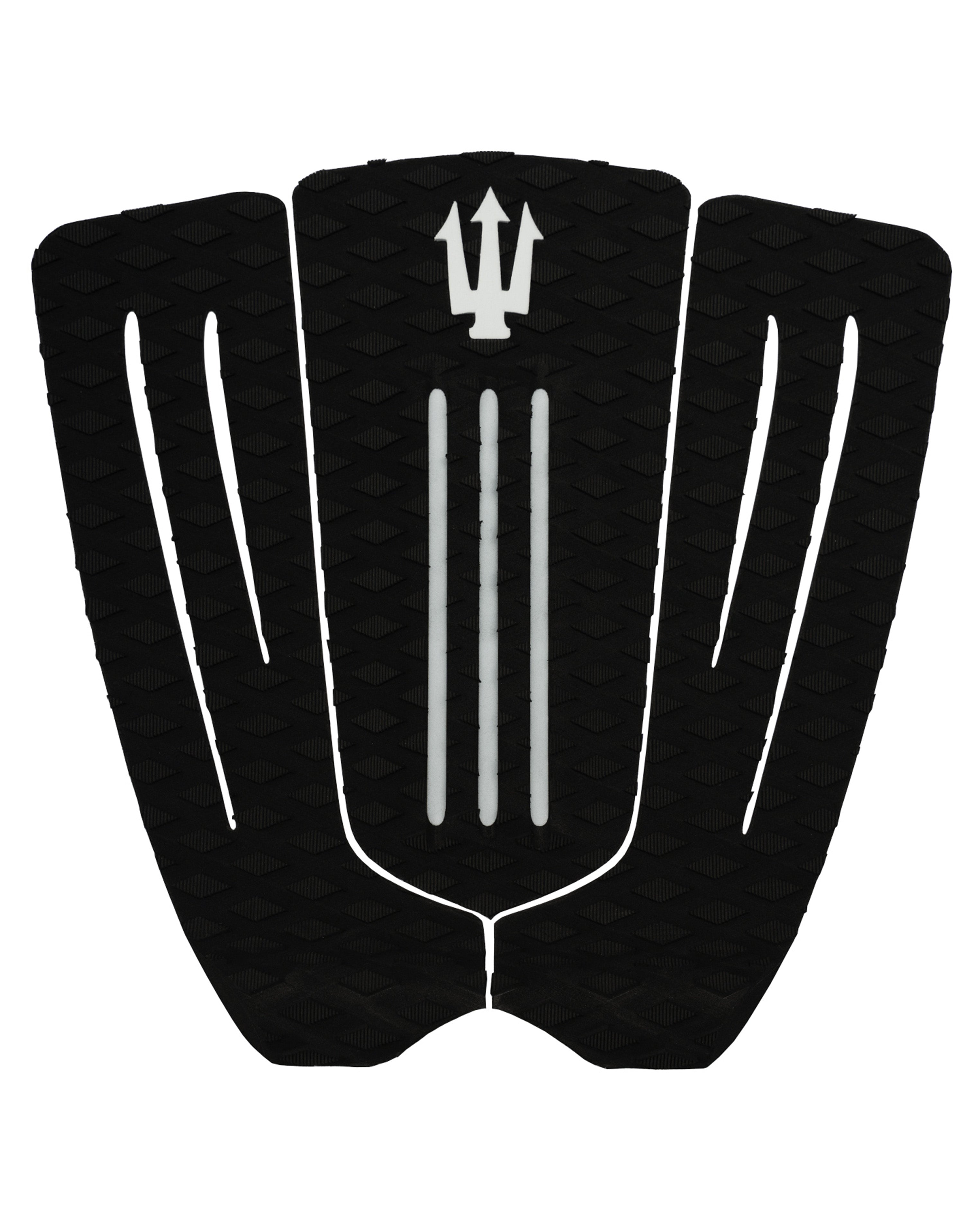 Black surfboard tail pad with a central logo on a white background