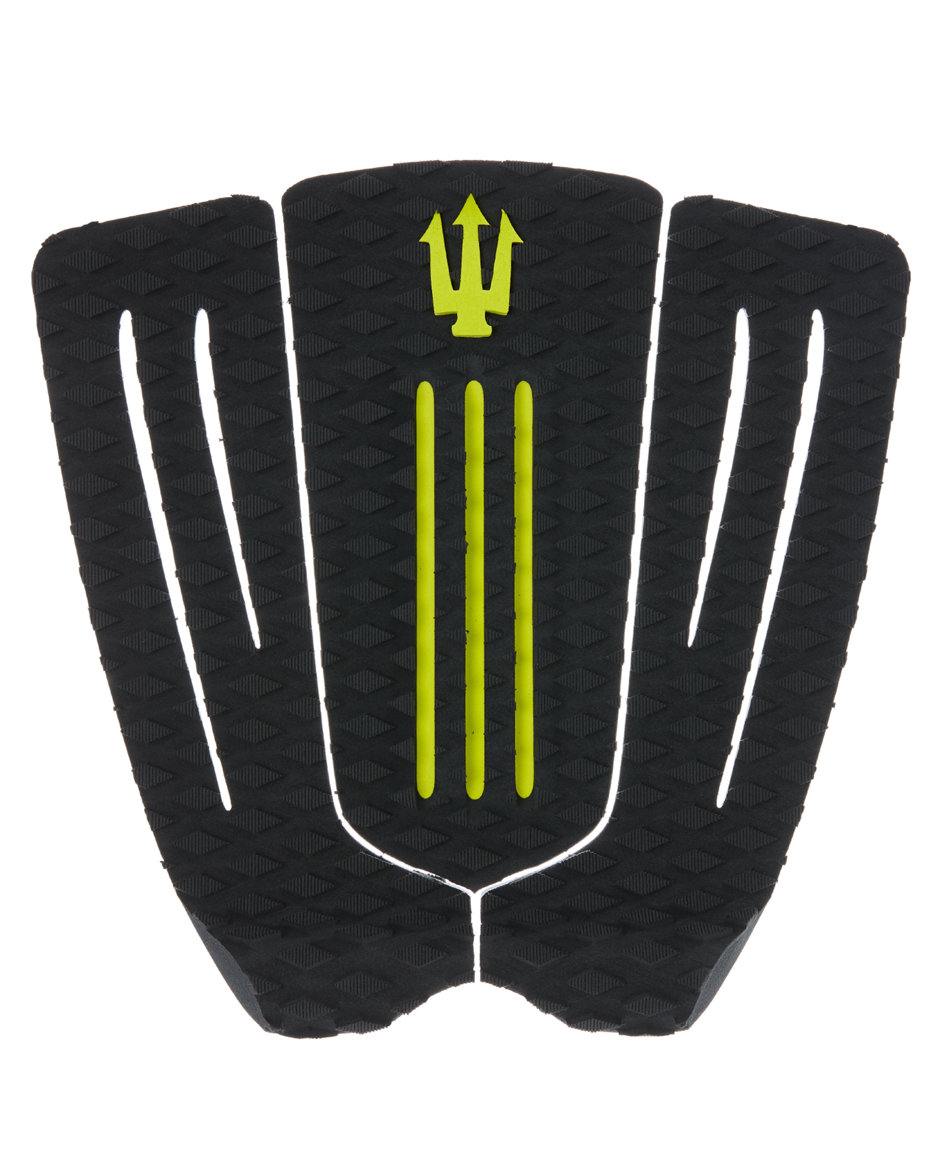 Black and yellow surfboard tail pad with a trident symbol on a white background