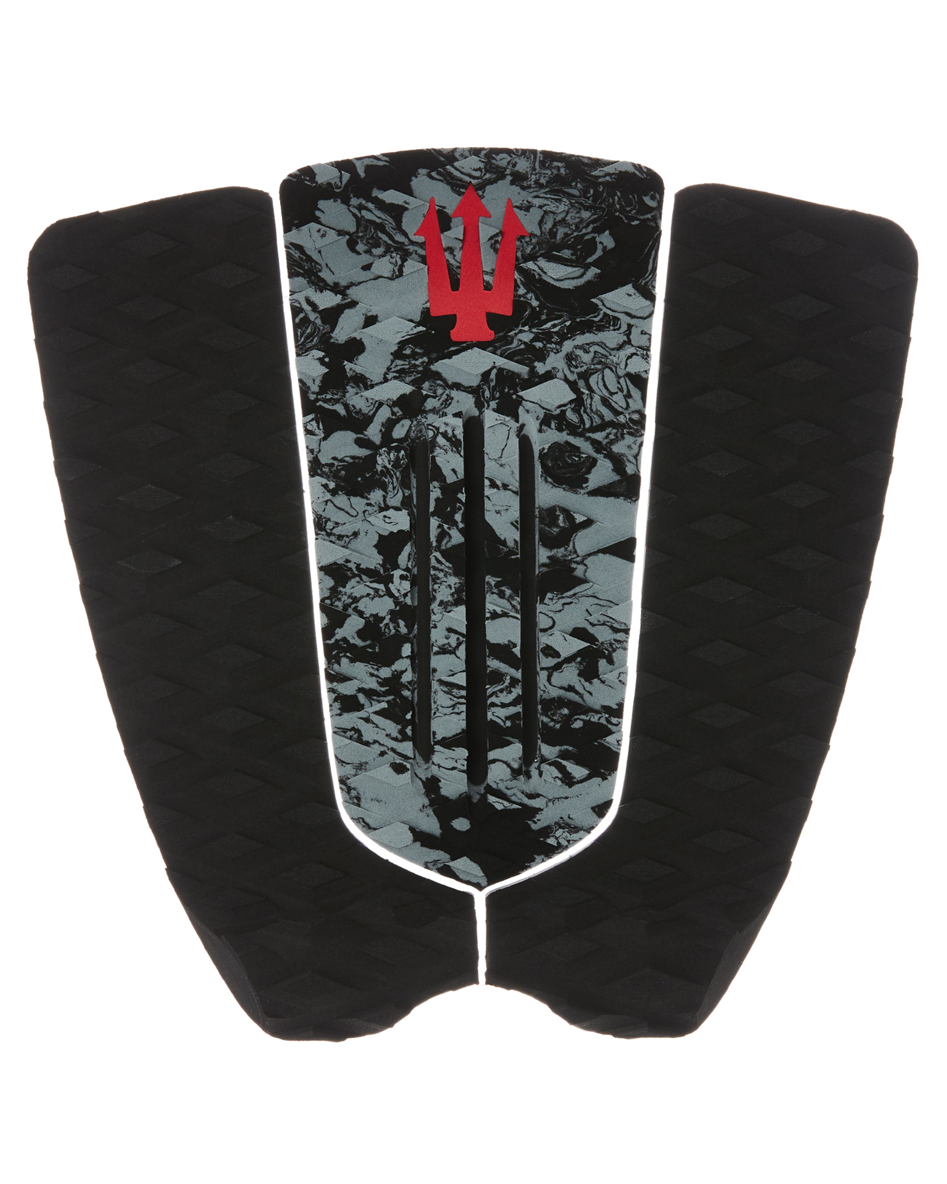 Black and gray surfboard tail pad with red trident symbol on a white background