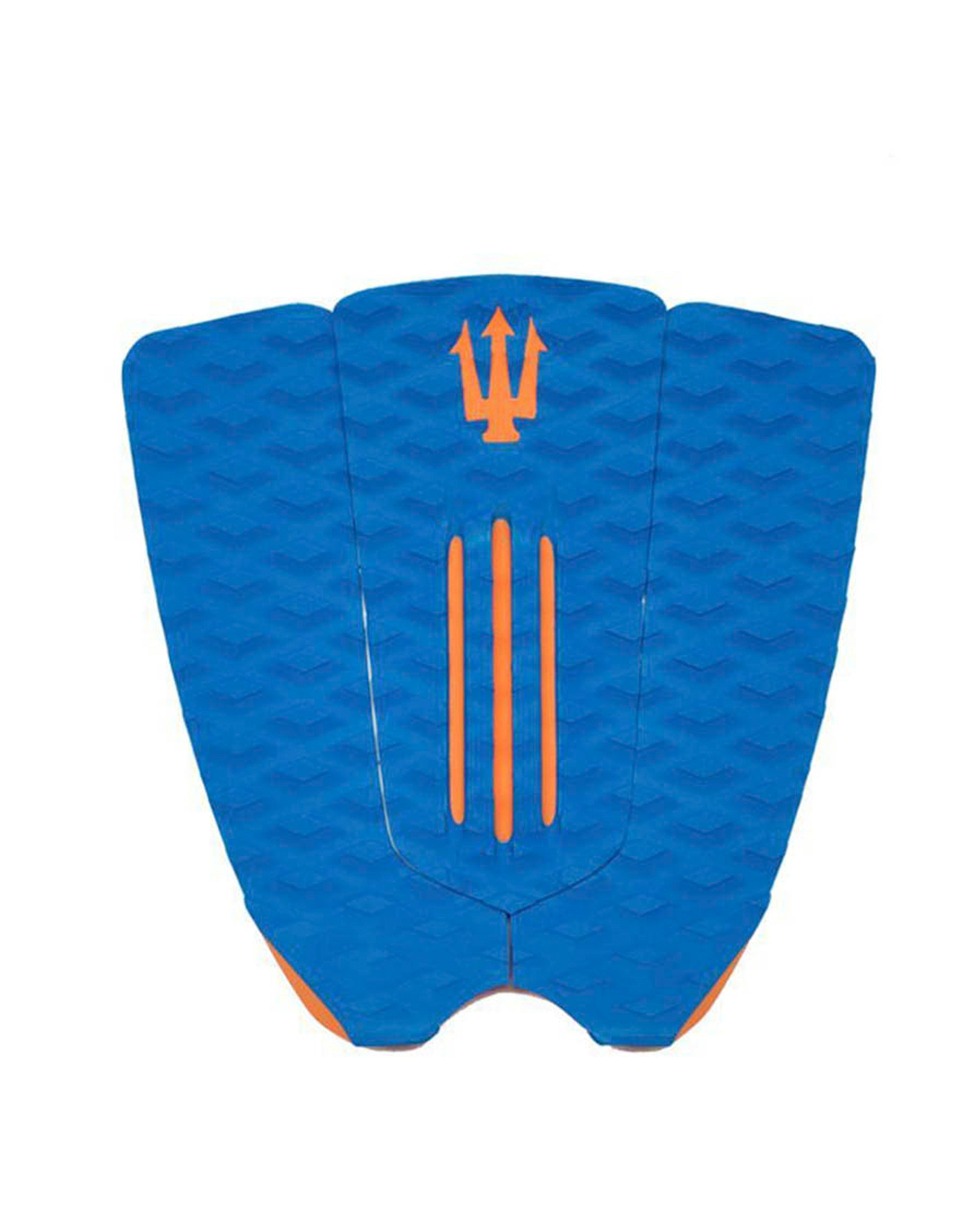 Blue and orange surfboard tail pad with a logo on a white background