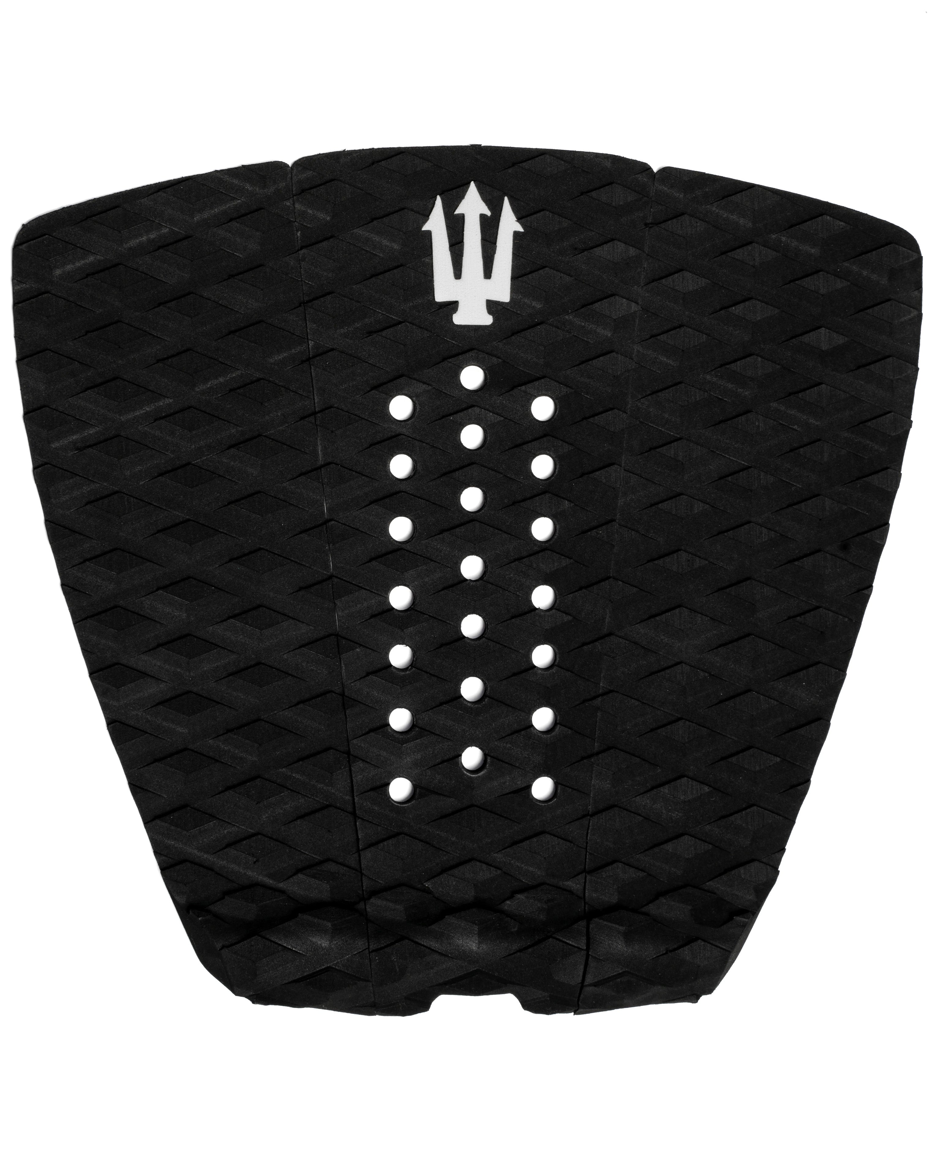 Black quilted surfboard tail pad with a white logo on a white background
