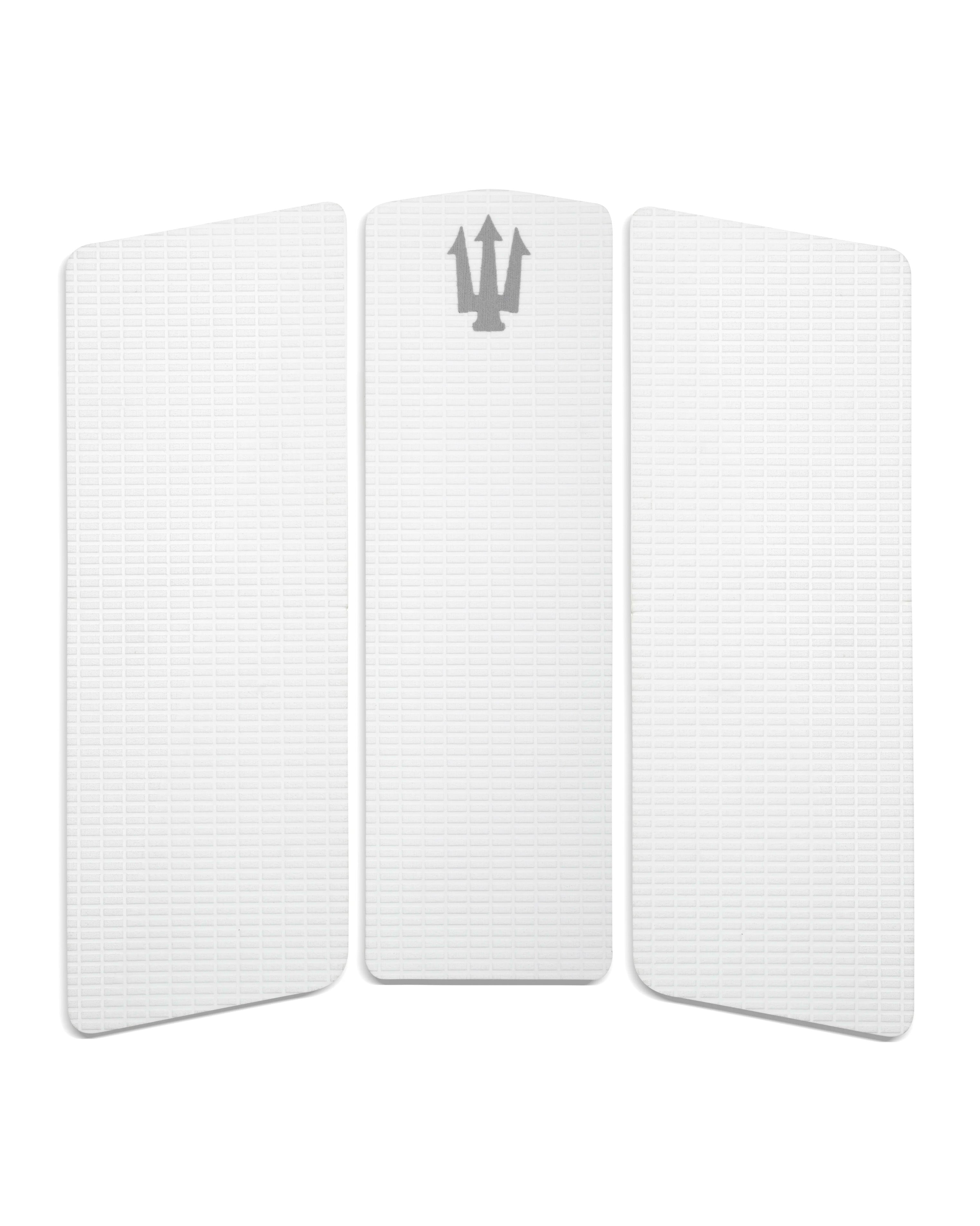 Three white pads with a logo on a white background