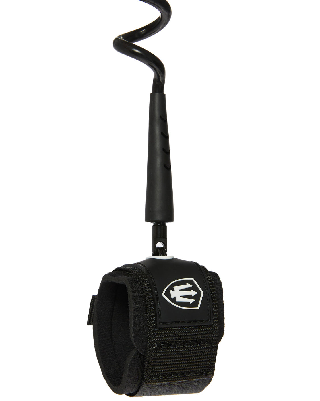 Black surf leash with padded ankle strap and trident logo, featuring a coiled cord and durable swivel attachment.