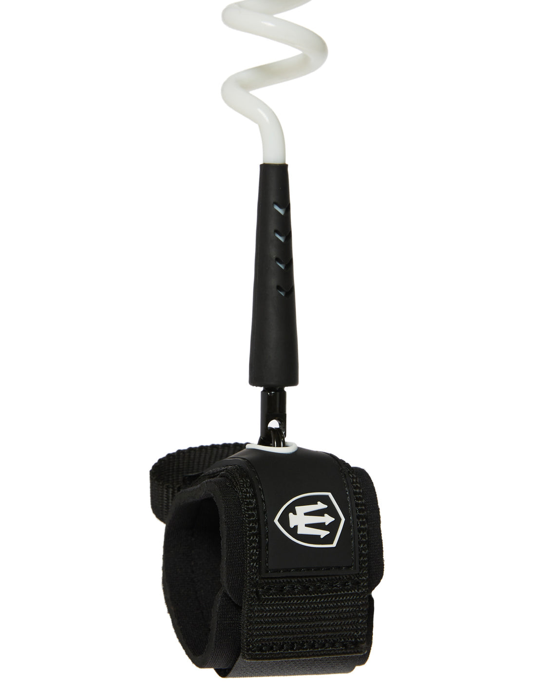 Black surfboard leash with a white logo on a white background