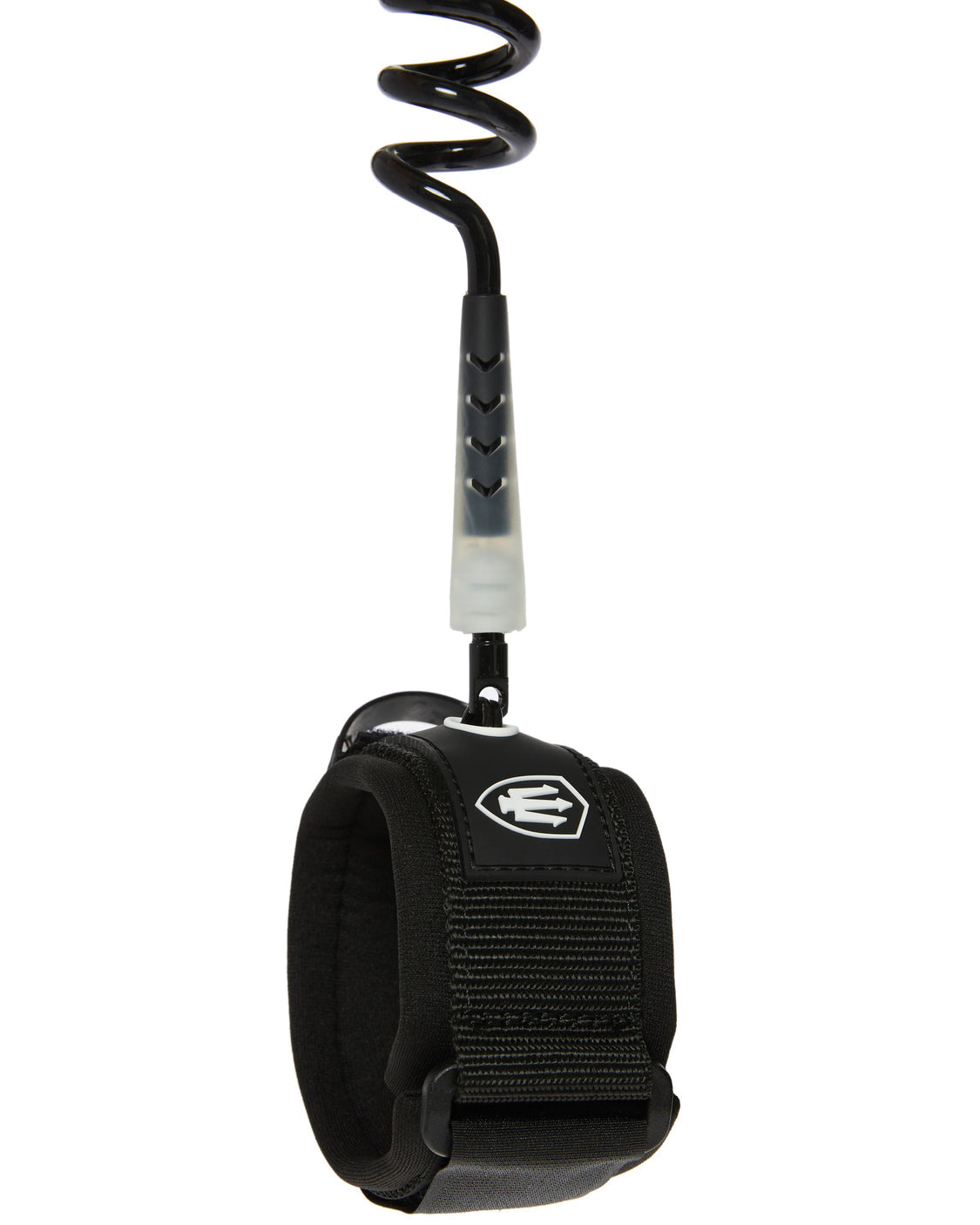 Black FK bodyboard leash with padded wrist cuff, coiled cord and secure velcro strap for comfort and durability.