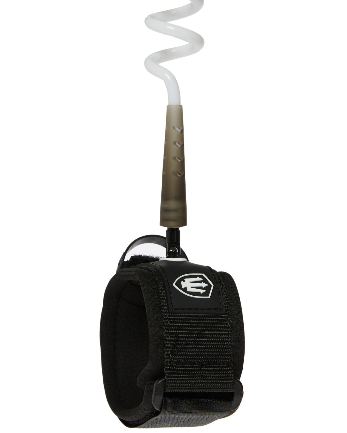 Black wrist strap with a white logo on a white background