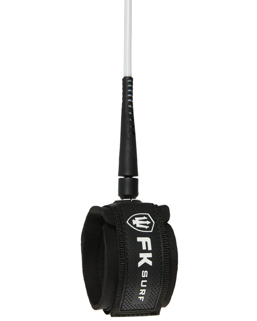 Black surf leash with 'FK Surf' branding on a white background