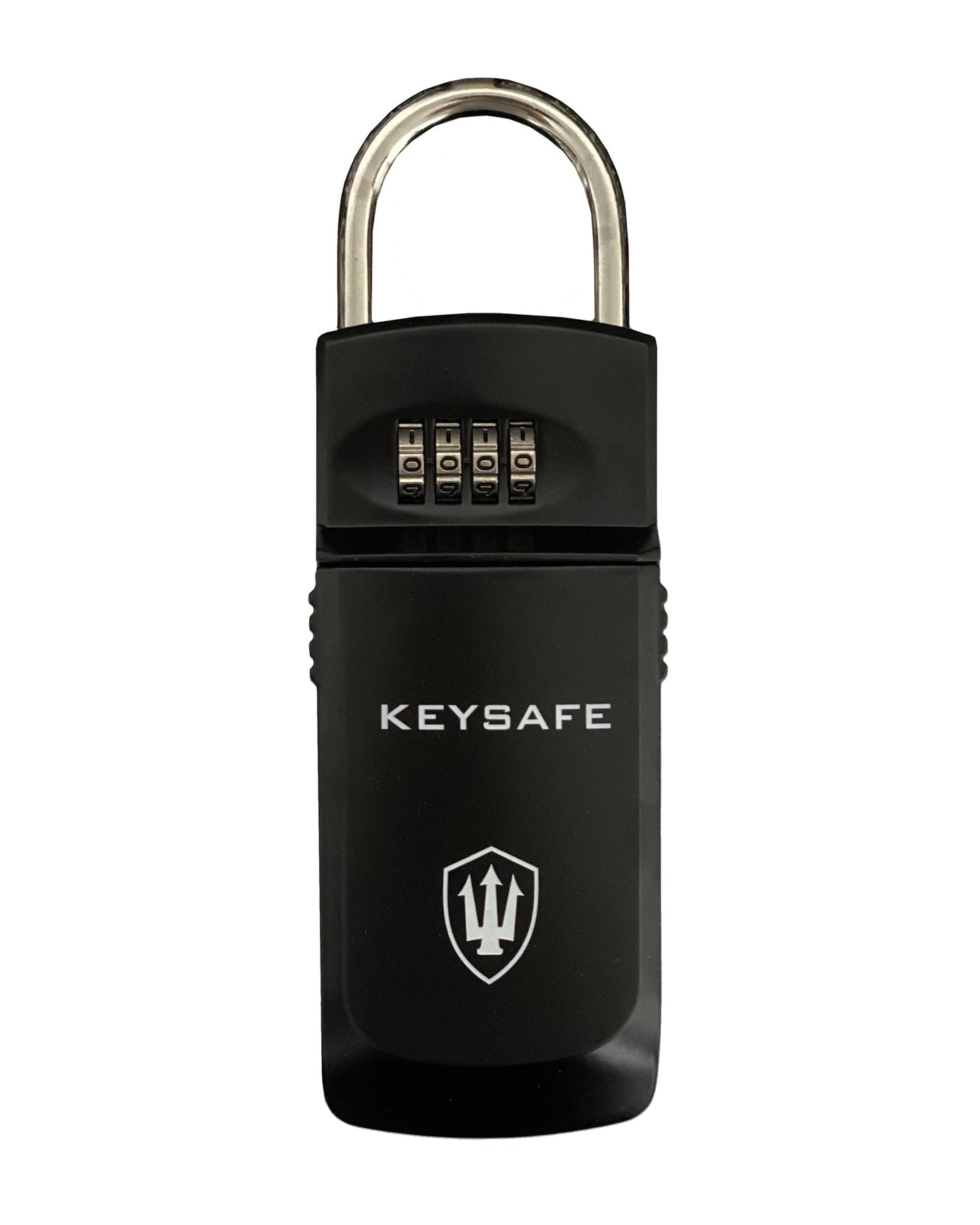 Black KeySafe lock box with chrome shackle and four-digit combination dial for secure key storage.