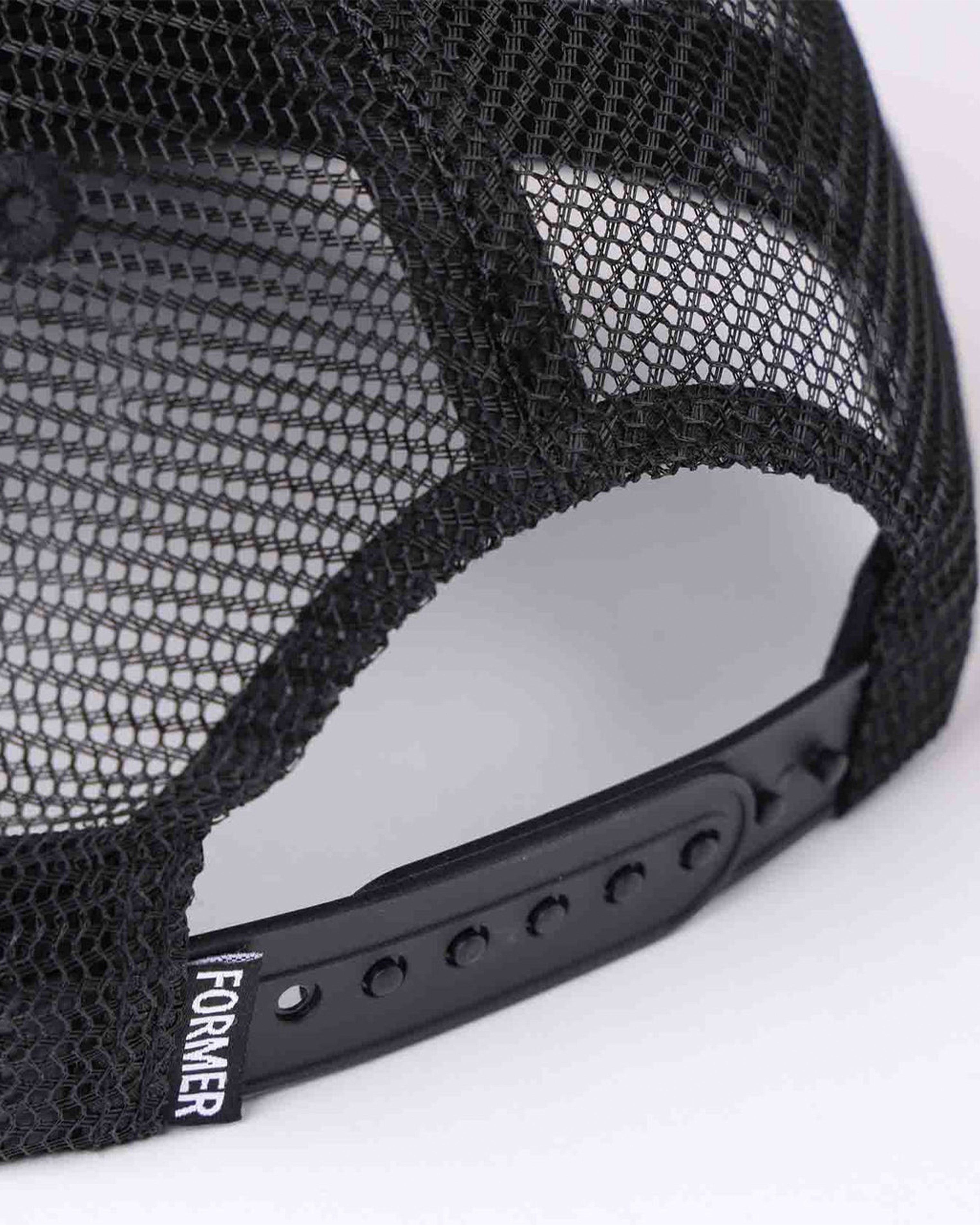 Adjustable snapback closure with mesh panels and woven Former logo tab for breathable comfort.
