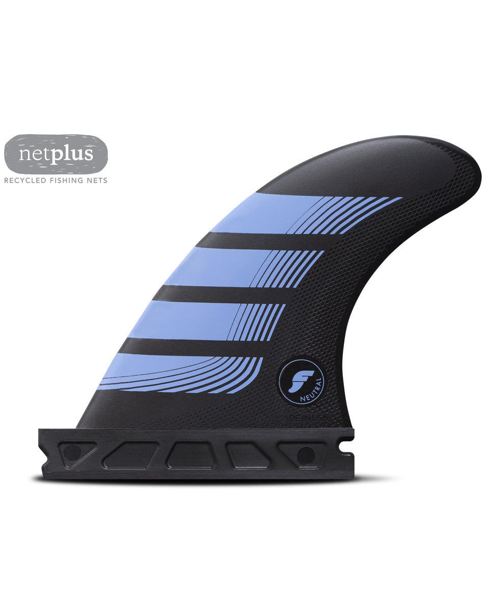 Futures surfboard fin made from recycled fishing nets, featuring black and blue graphics and a neutral flex design.