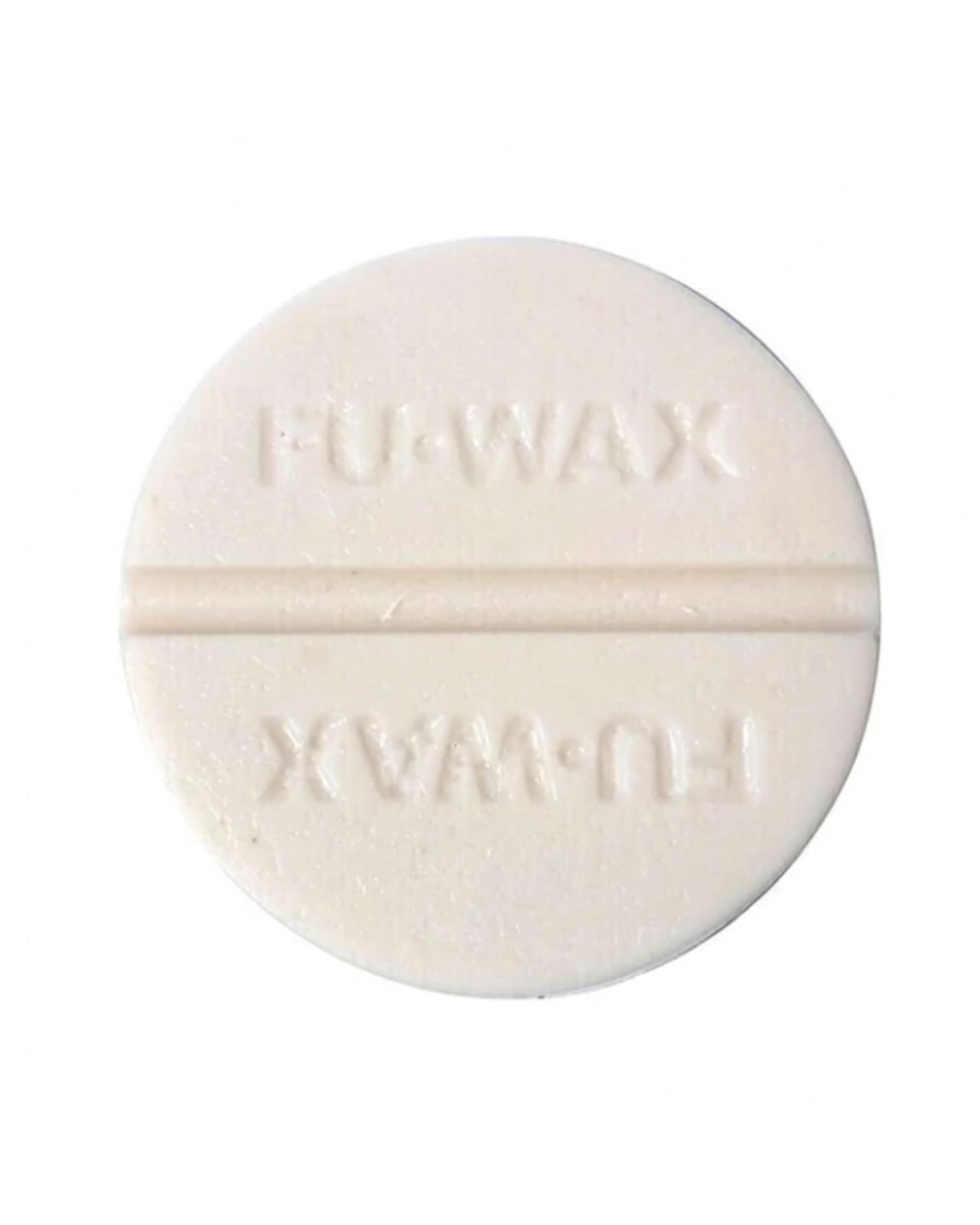 Round bar of FU Wax surfboard wax with embossed branding and central groove for easy grip and application.