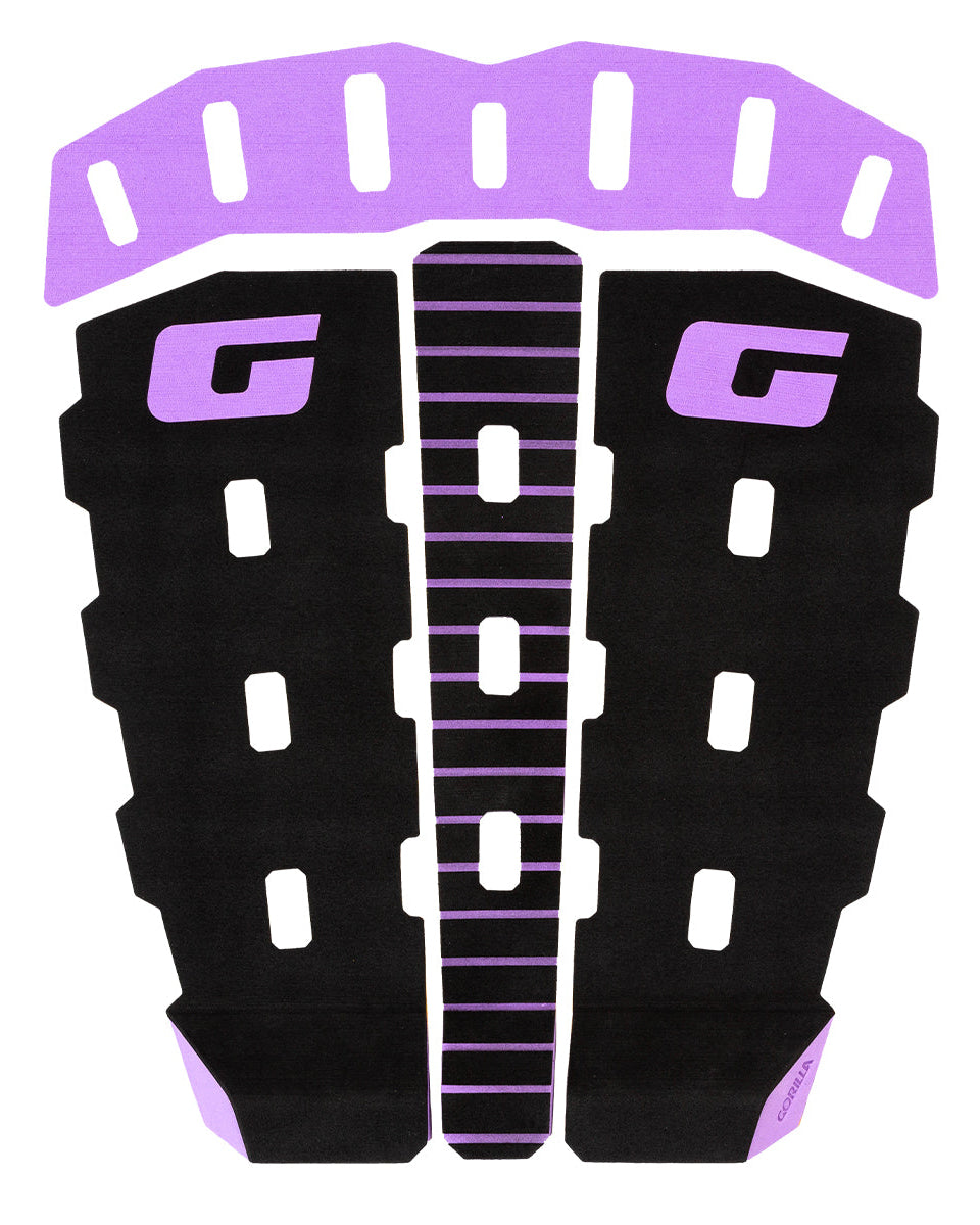 Three-piece black surfboard tail pad with purple accents, G branding, arch support, and wide-cut traction grooves.