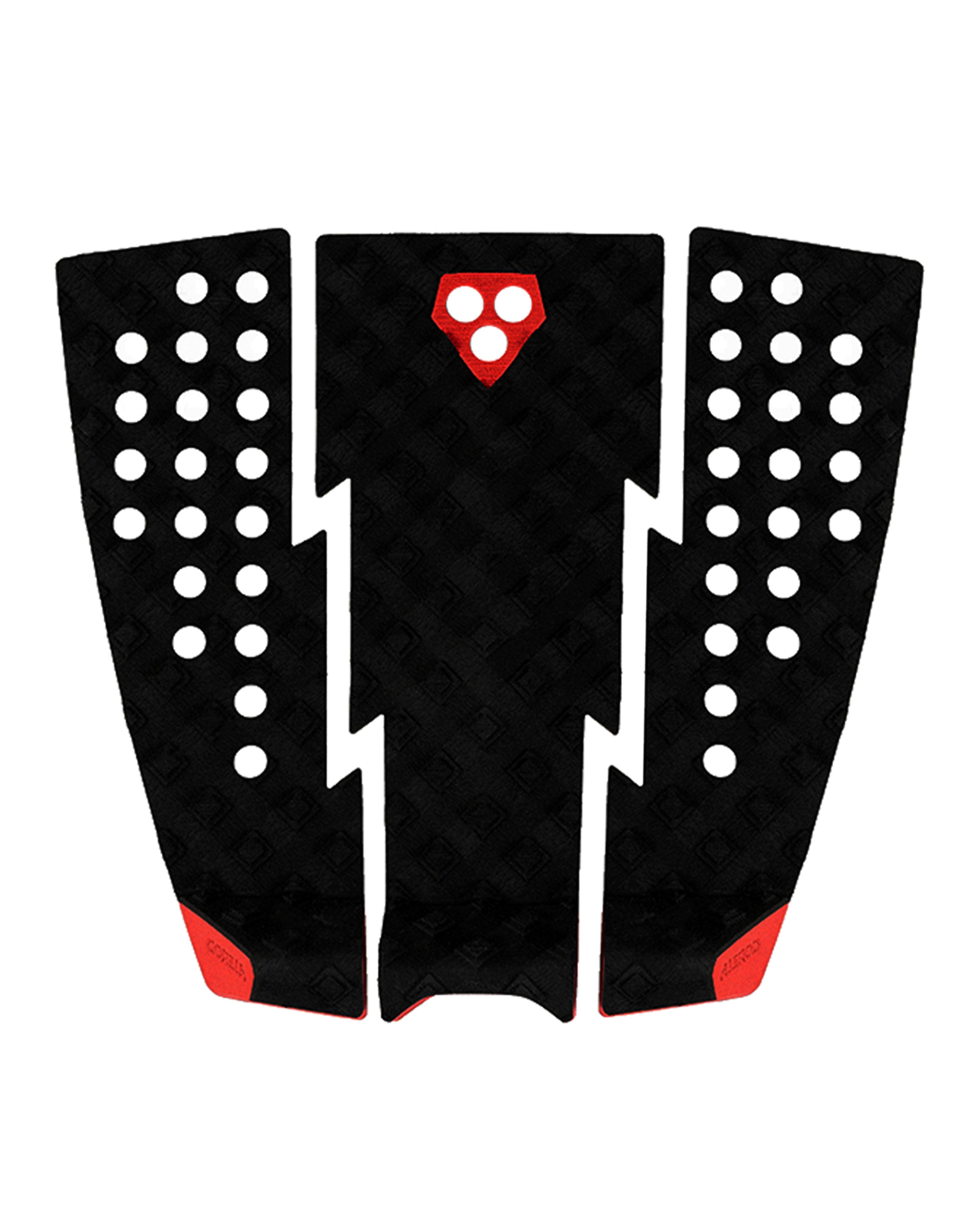 Three-piece black surfboard tail pad with red and white lightning bolt accents, circular grip holes, and kick tail support.