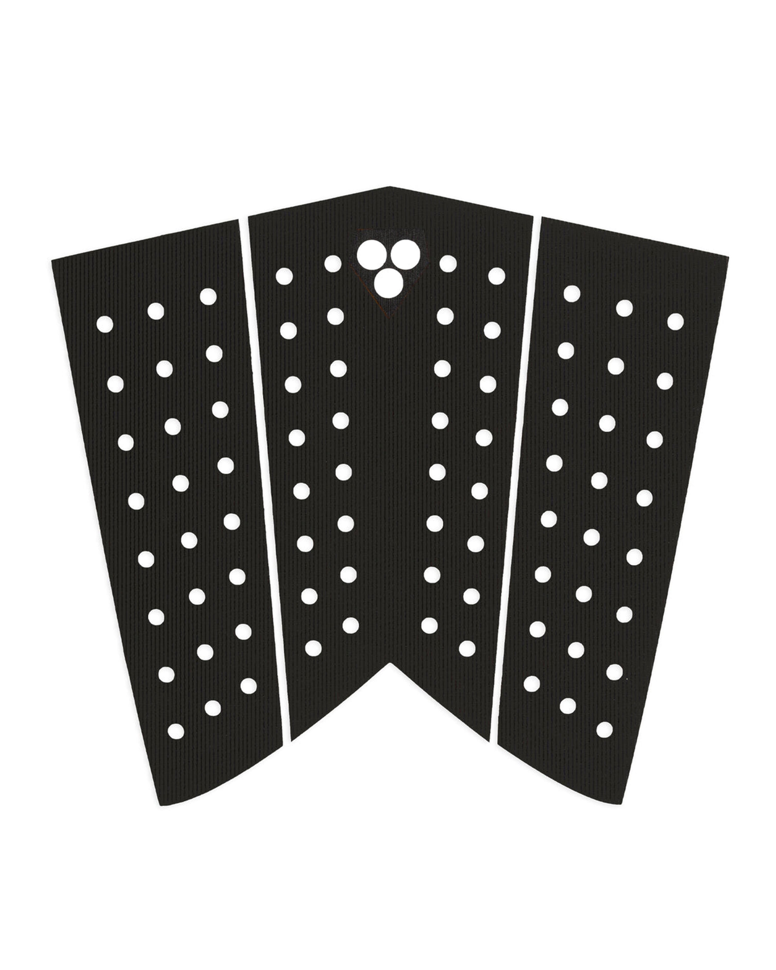 Three-piece black surfboard tail pad with angled edges, centre arch support, and circular traction holes for grip.