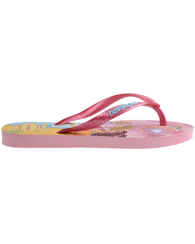 Side view of pink Havaianas thongs with red straps and princess print on sole