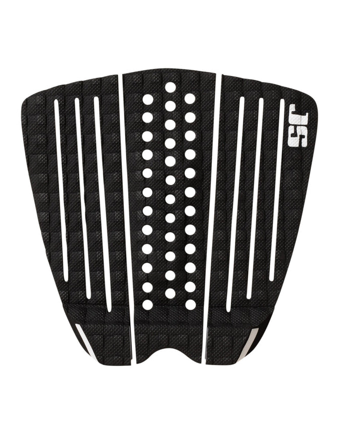 Black three-piece JS Industries tail pad with white stripes, perforated grip and arch support for traction and control.